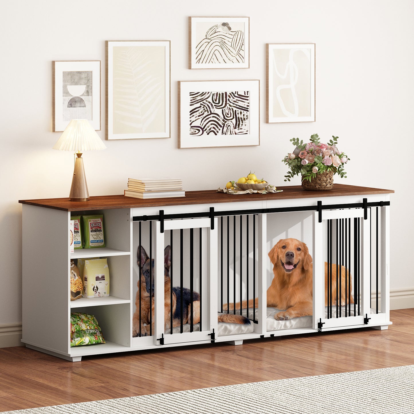 NARTRU Dog Crate Furniture with Storage Compartment, 86.6 Inch Wooden Dog Crate Kennel with Divider for Large and Medium Dogs Indoor