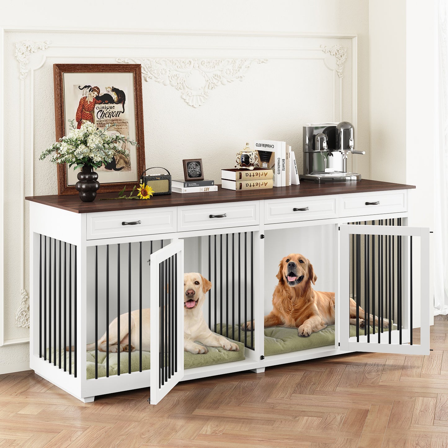 NARTRU 86.6" Large Double Dog Crate Furniture, XXL Wooden Dog Crate Kennel Furniture with Divider and 4 Drawers, Dog Crates Furniture for 2 Large Dogs Indoor, White+Walnut Tabletop