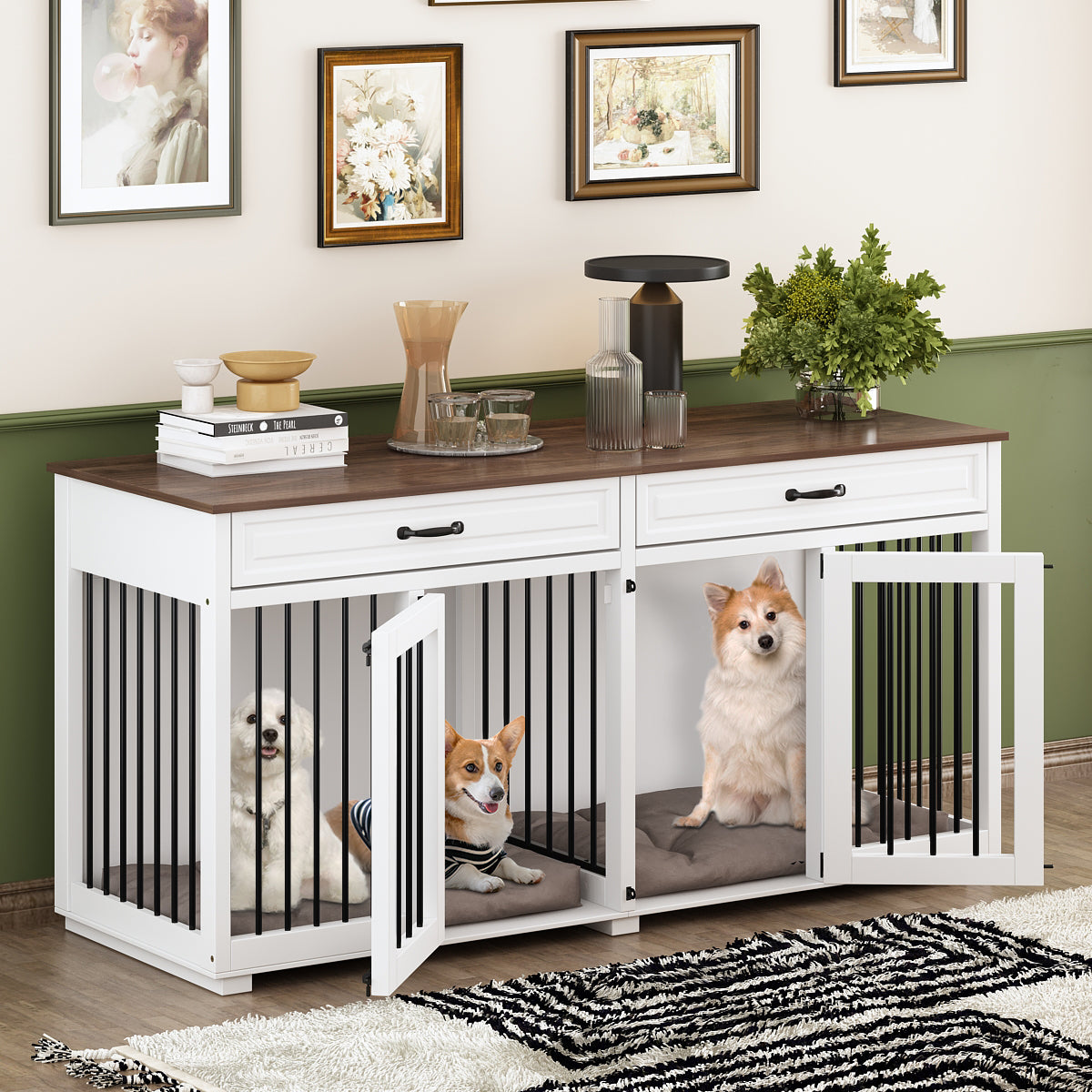 NARTRU 64.6" Large Double Dog Crate Kennel Furniture with Divider and 2 Drawers for 2 Small or Medium Dogs Indoor, White