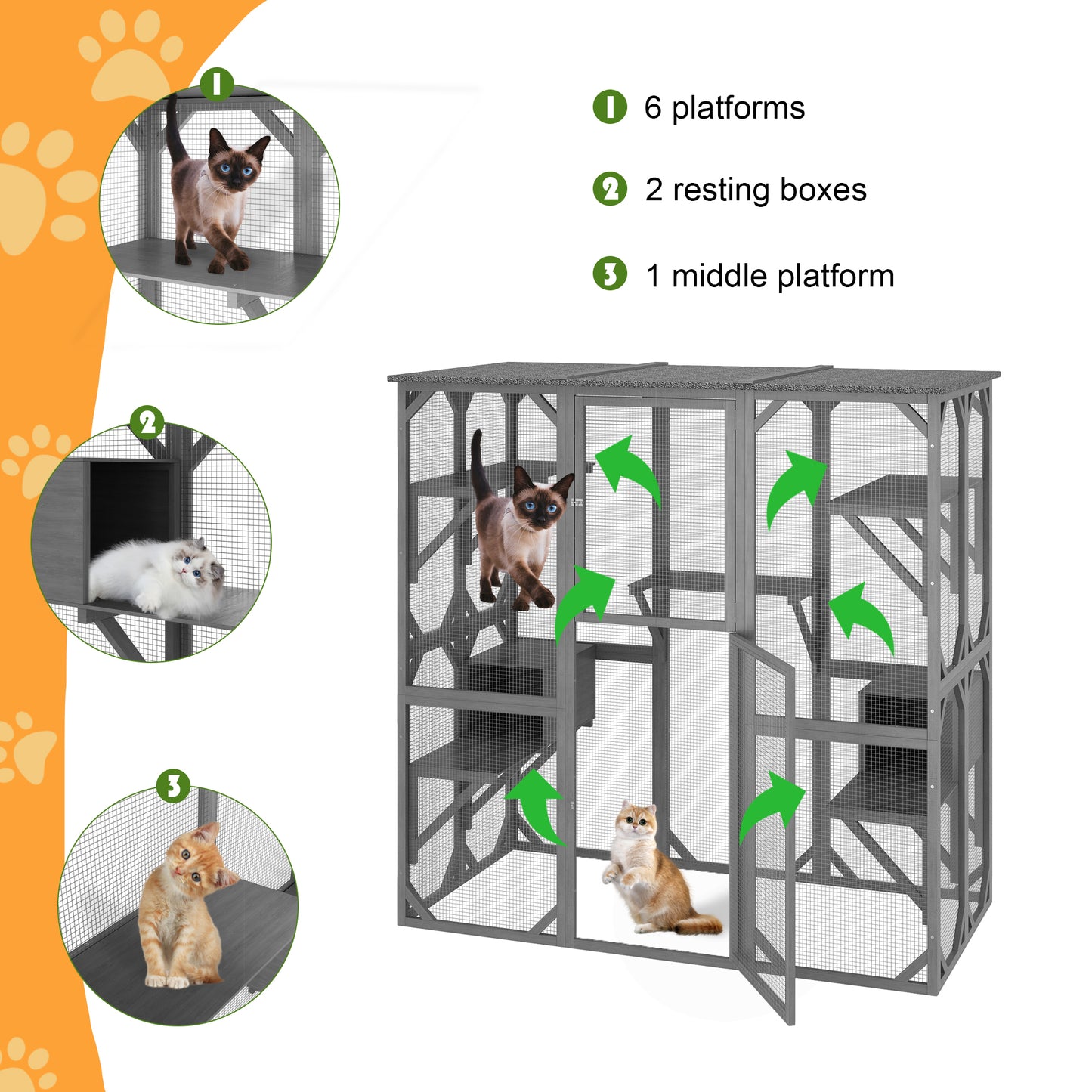 NARTRU 71" Outdoor Wooden Cat House Catio Cage Enclosure, Weatherproof Walk-in Cat Kennel Condo with 7 Platforms and 2 Resting Boxes, Gray