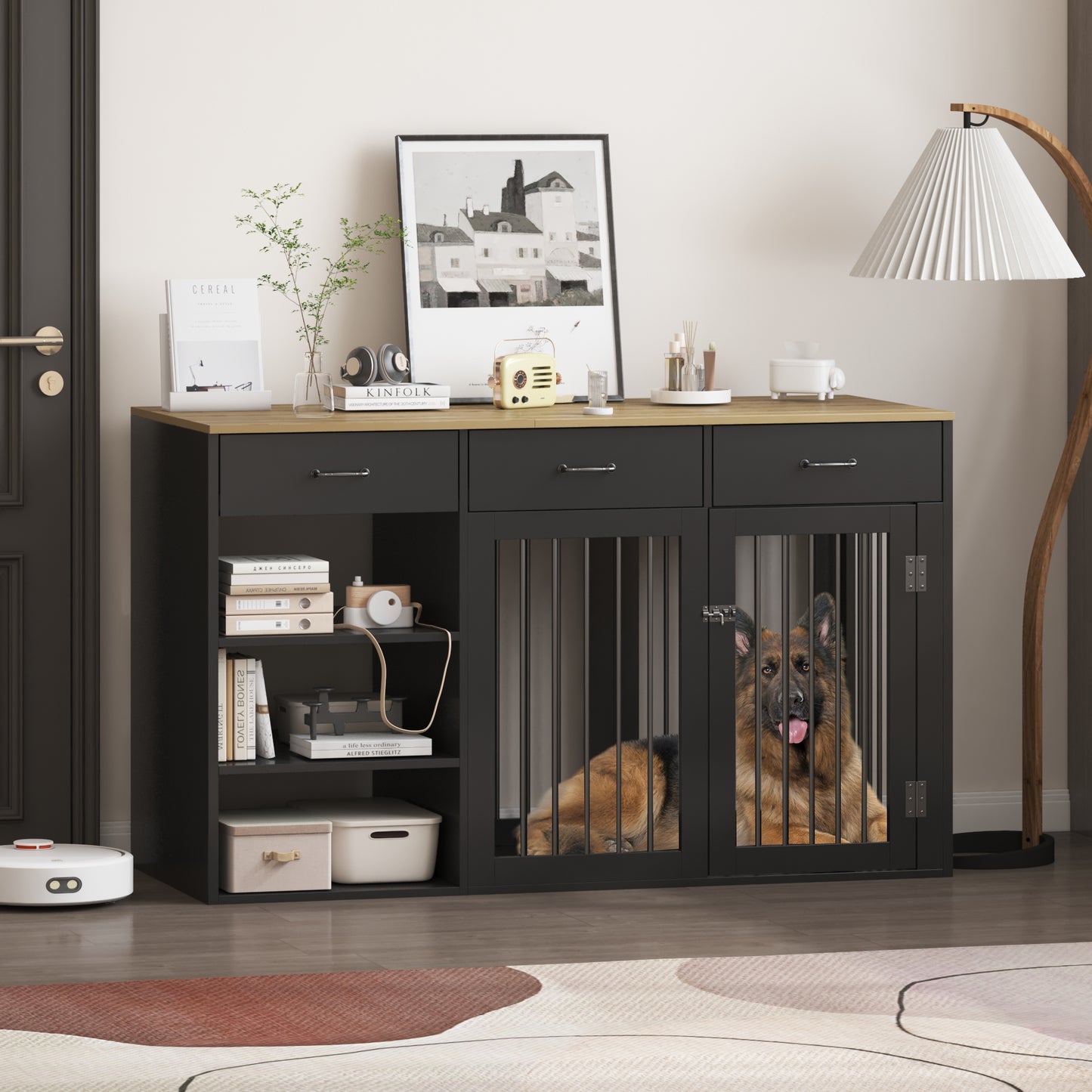 NARTRU Large Dog Crate Furniture, 55.1" Wooden Dog Kennel Furniture with 3 Drawers and Shelves for Small Medium Large Dog, Black