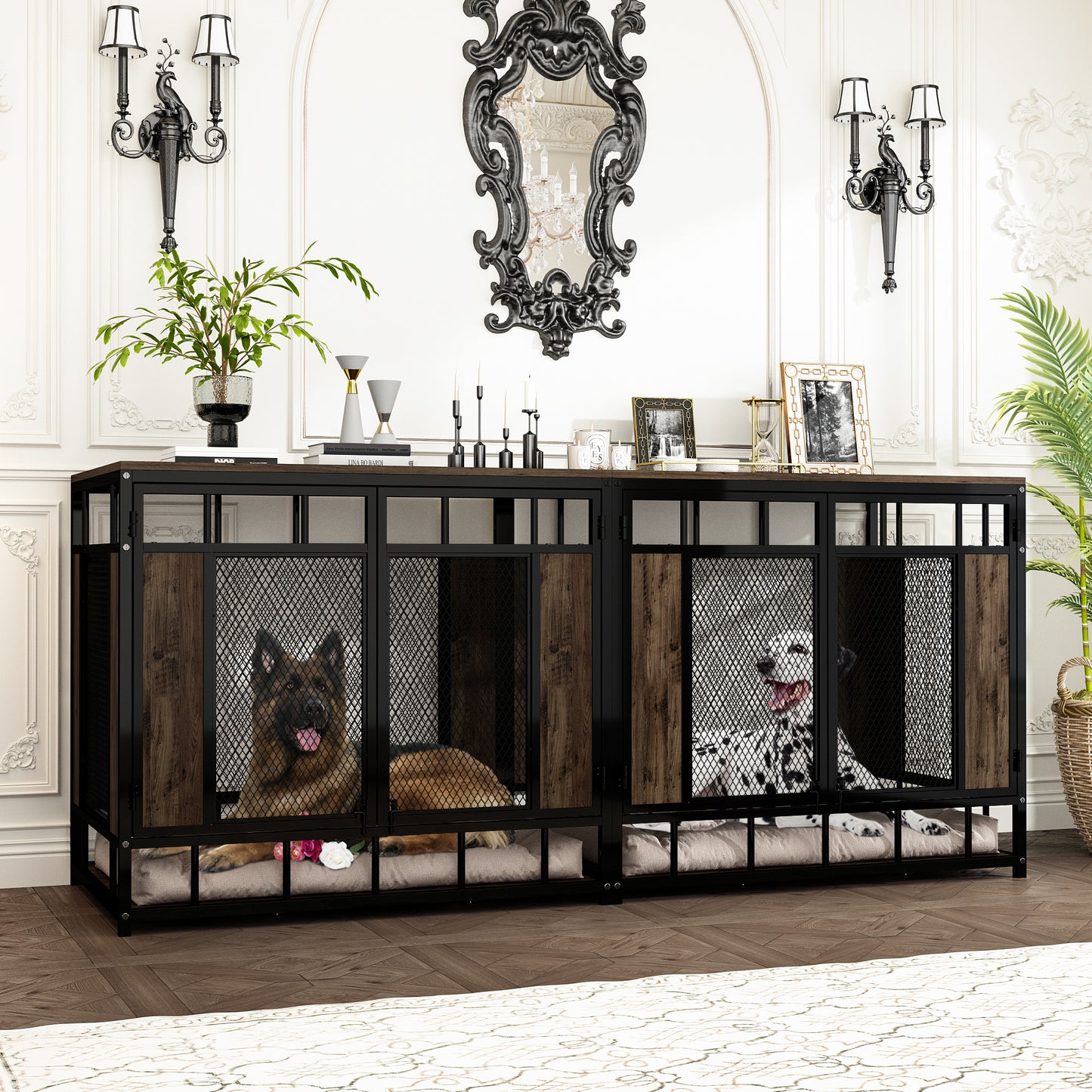 NARTRU 70.9" Wooden Dog Kennel, Heavy Duty Extra Dog Crate Furniture for Large Medium Dog, Walnut + Black