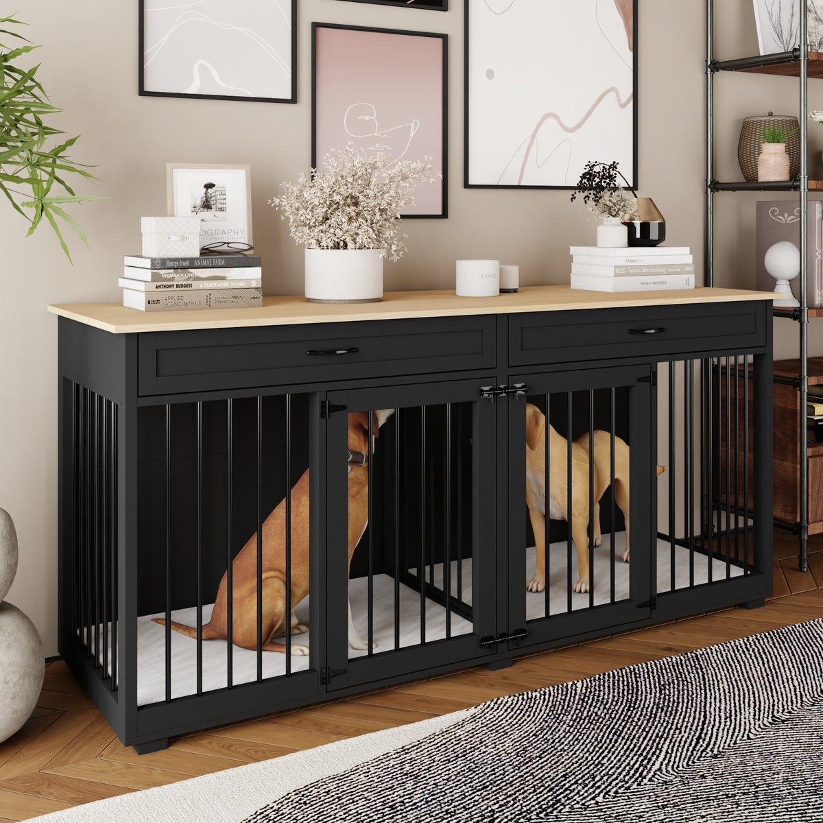 NARTRU 72.4" Large Double Dog Crate Kennel Furniture with Divider and 2 Drawers for 2 Medium or Large Dogs Indoor, Black+Natural Tabletop