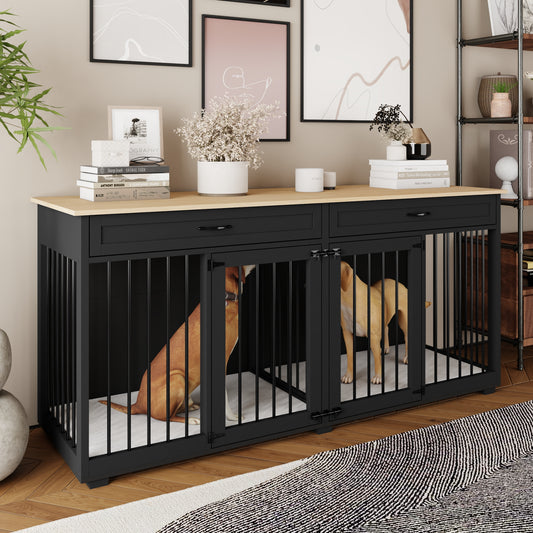 NARTRU 72.4" Large Double Dog Crate Kennel Furniture with Divider and 2 Drawers for 2 Medium or Large Dogs Indoor, Black+Natural Tabletop