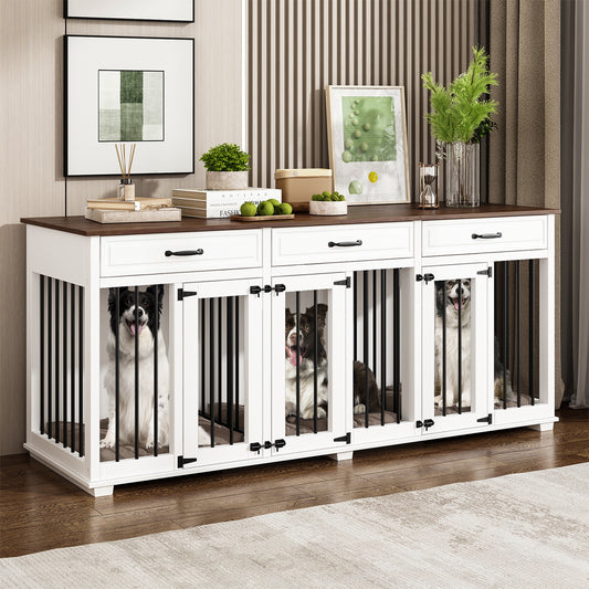 NARTRU 94.5" Large Dog Crate Furniture with 3 Rooms, Wooden Dog Crate Kennel Furniture with 3 Drawers and Divider, Heavy Duty Dog Crates Cage Furniture for Large Dogs or 3 Medium Dogs Indoor, White