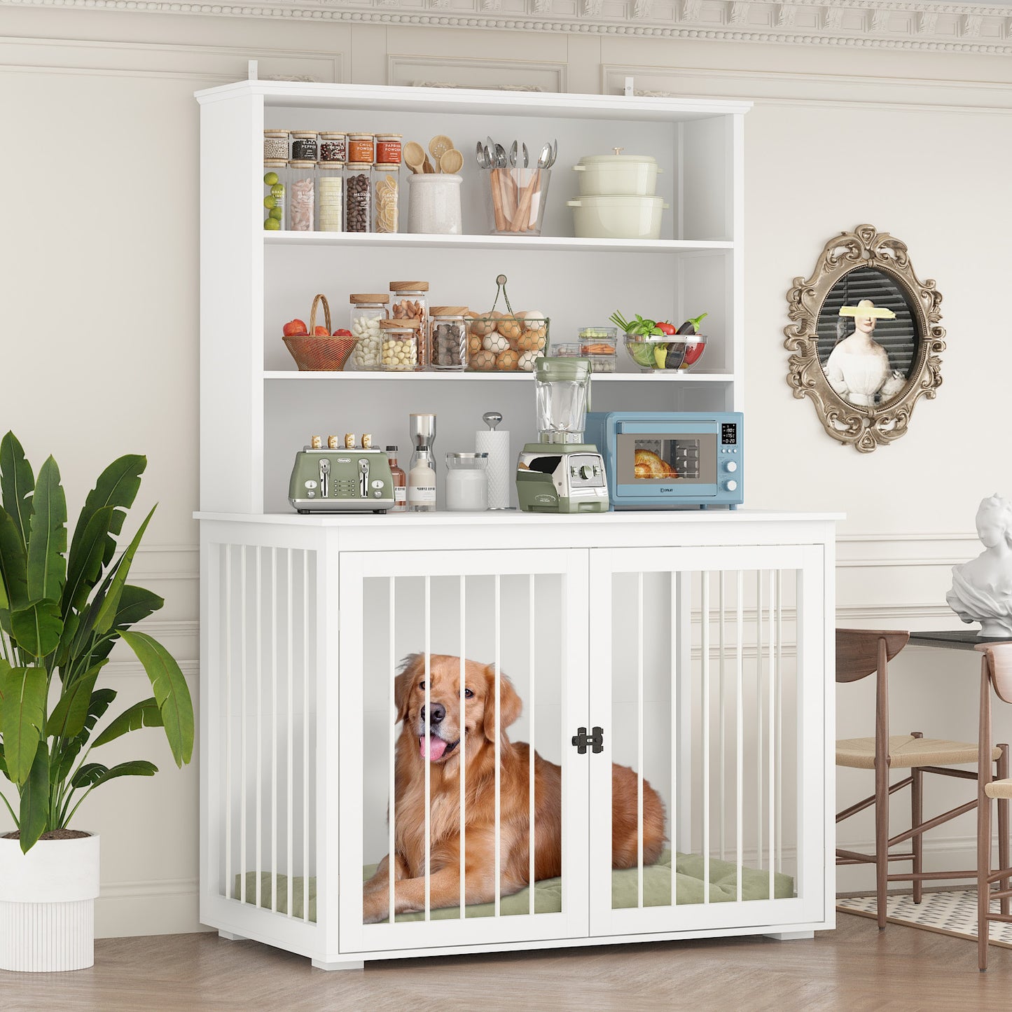 NARTRU 47.2" Large Wooden Dog Crate Kennel Furniture with Shelves for Small, Medium and Large Dog, White