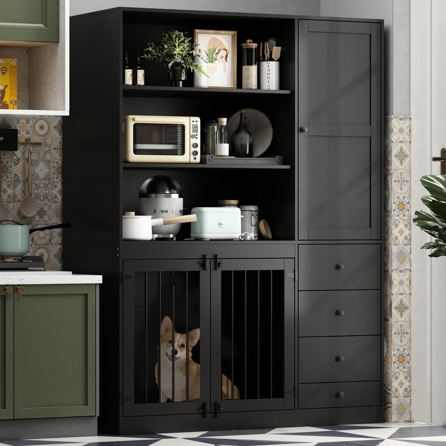 NARTRU Dog Crate Furniture Cabinet with Dog Bowls, Drawers and Shelves for Small, Medium or Large dog, Black