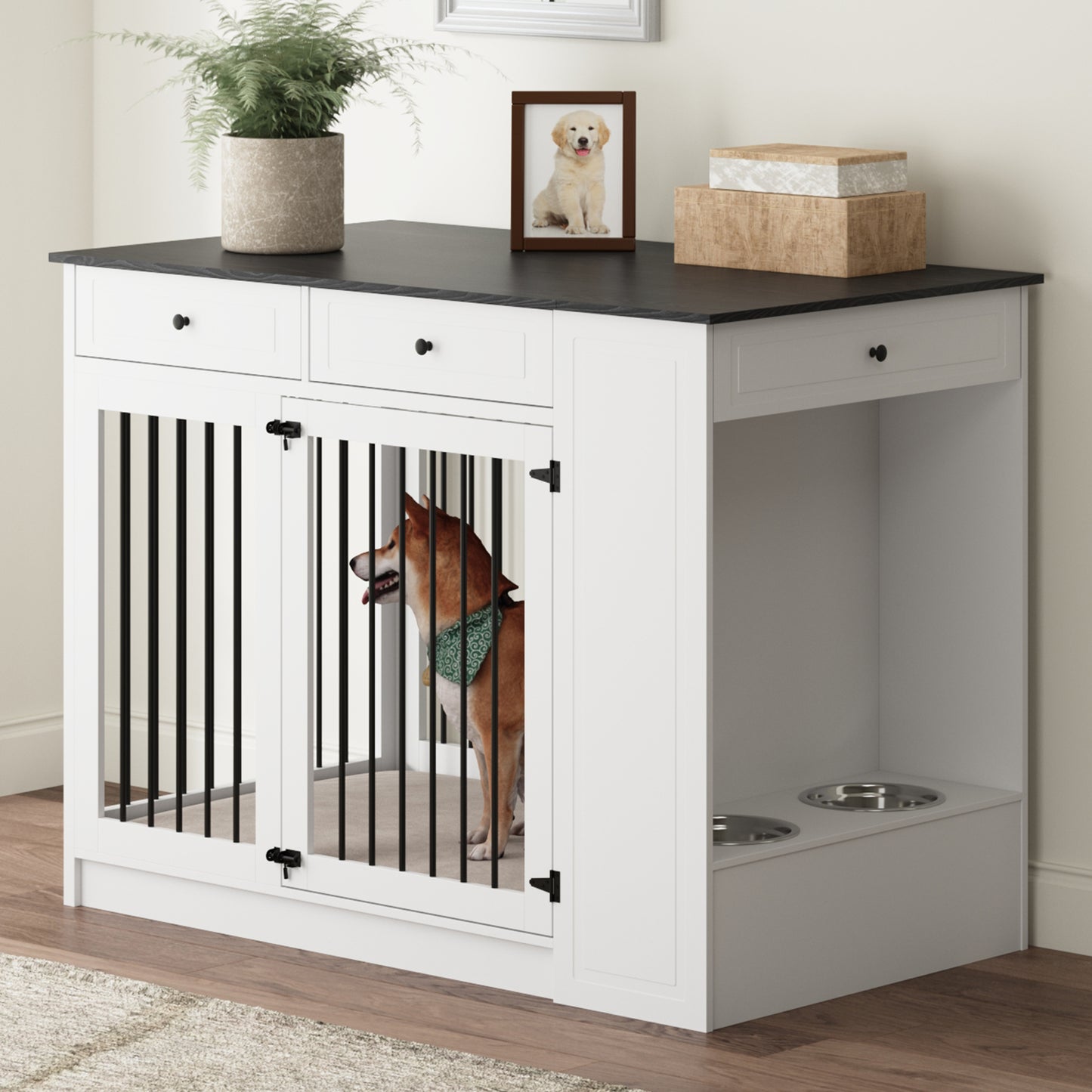 NARTRU 55" Large Wooden Dog Crate Kennel Furniture with 2 Dog Bowls and Drawers for Small, Medium and Large Dog, White