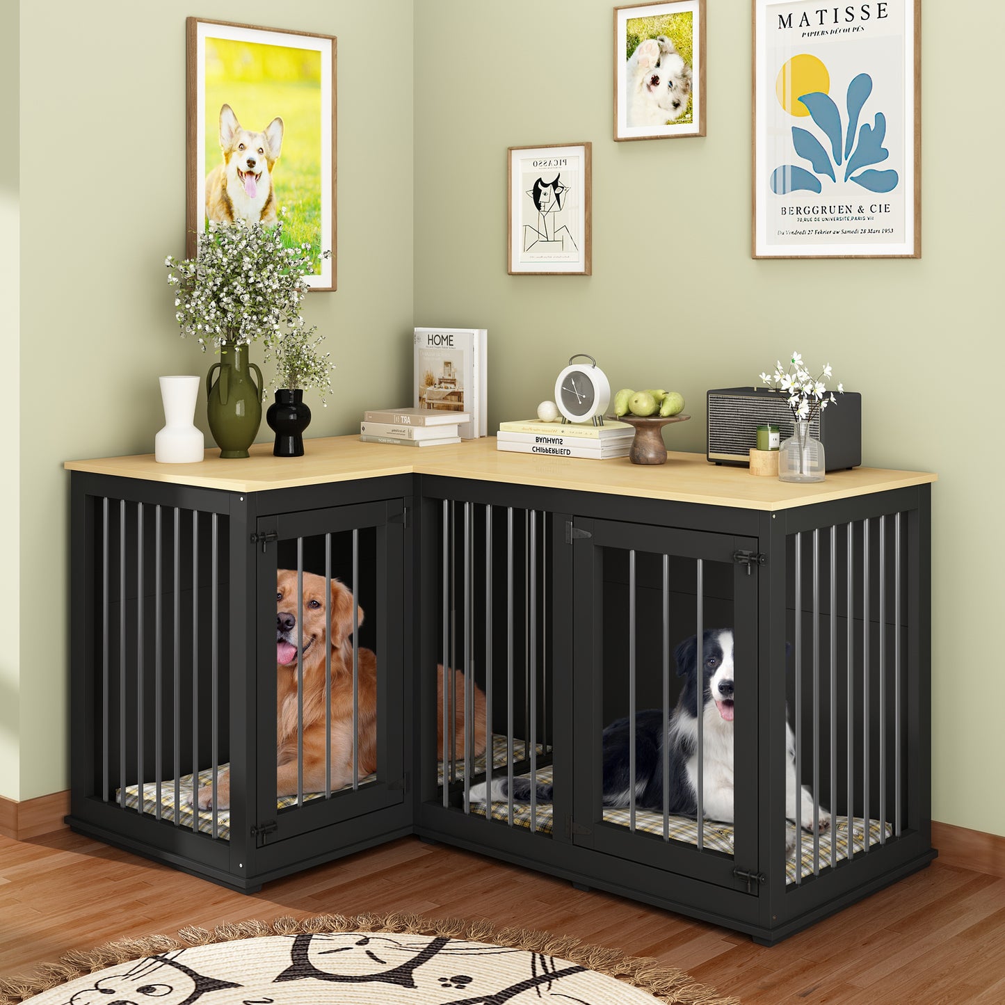 NARTRU Large Corner Dog Crate Furniture, Wooden L Shaped Double Dog Crate Kennel Furniture with Divider, XXL Heavty Duty Dog Crates Furniture for 2 Medium or Large Dogs Indoor, Black