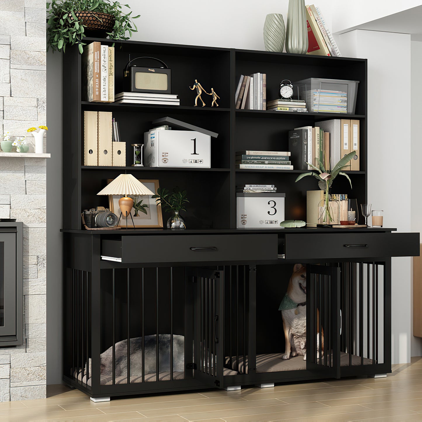 NARTRU Large Dog Crate Furniture Cabinet with Divider, 2 Drawers and 6 Shelves for 2 Small or Medium Dog, Black