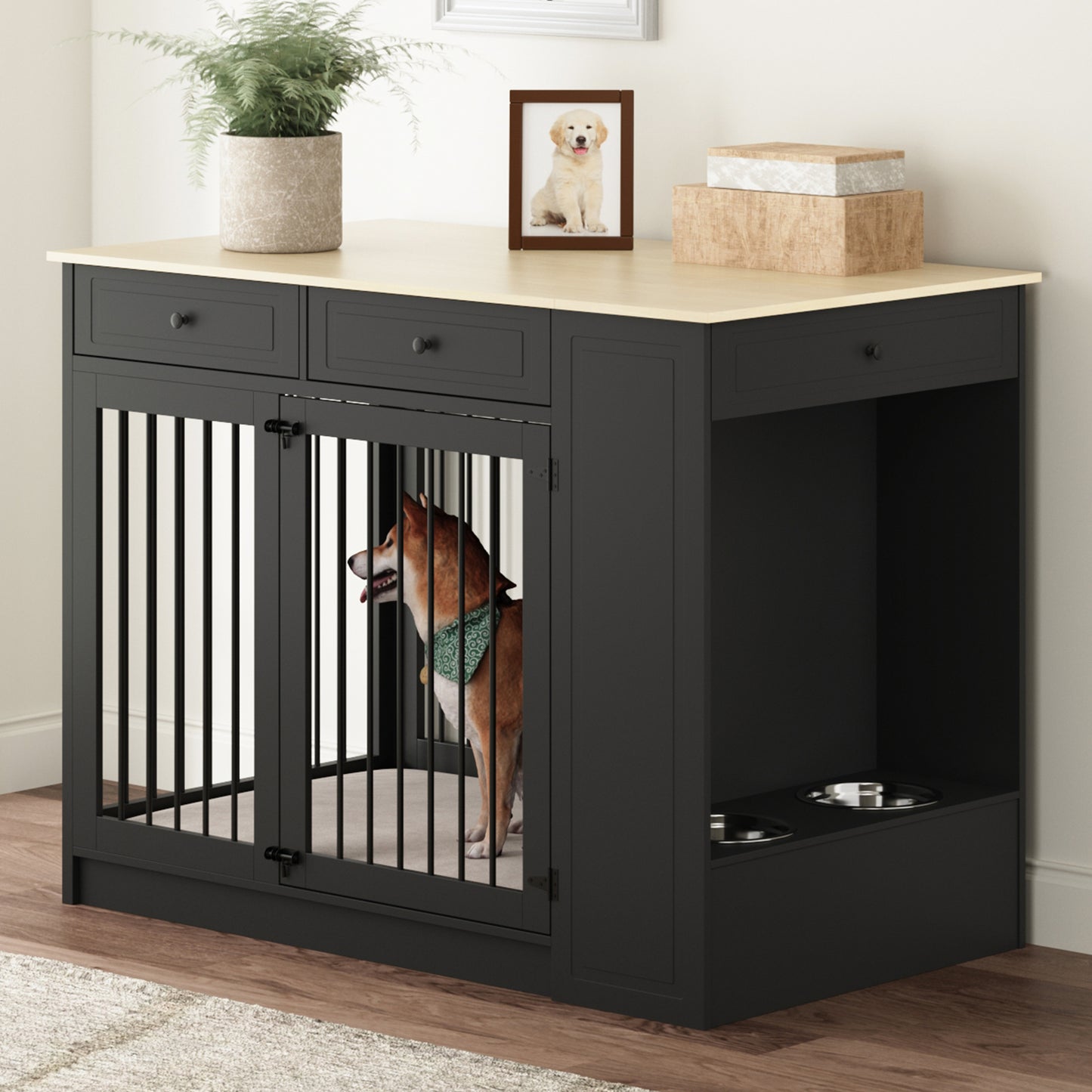 NARTRU 55" Large Wooden Dog Crate Kennel Furniture with 2 Dog Bowls and Drawers for Small, Medium and Large Dog, Black