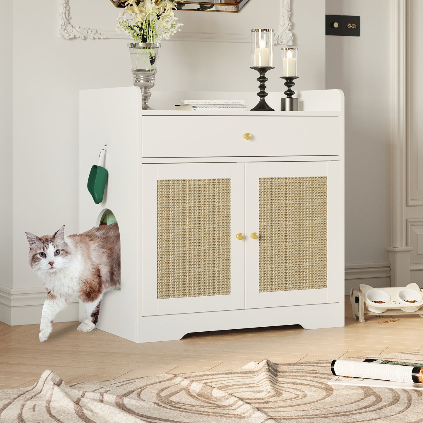 NARTRU Large Cat Litter Box Enclosure Furniture Cabinet with Scratching Pads and Drawer for Cats, White