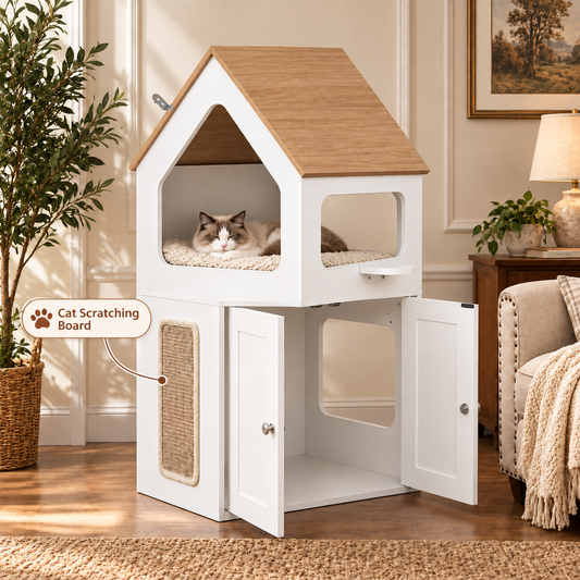 NARTRU Cat Litter Box Enclosure House, 43.3"H ×21.7"W ×19.7"D, Multi-Tier Cat Condo with Front Door & Platforms, White Wooden Hidden Cat Washroom for Indoor Cats