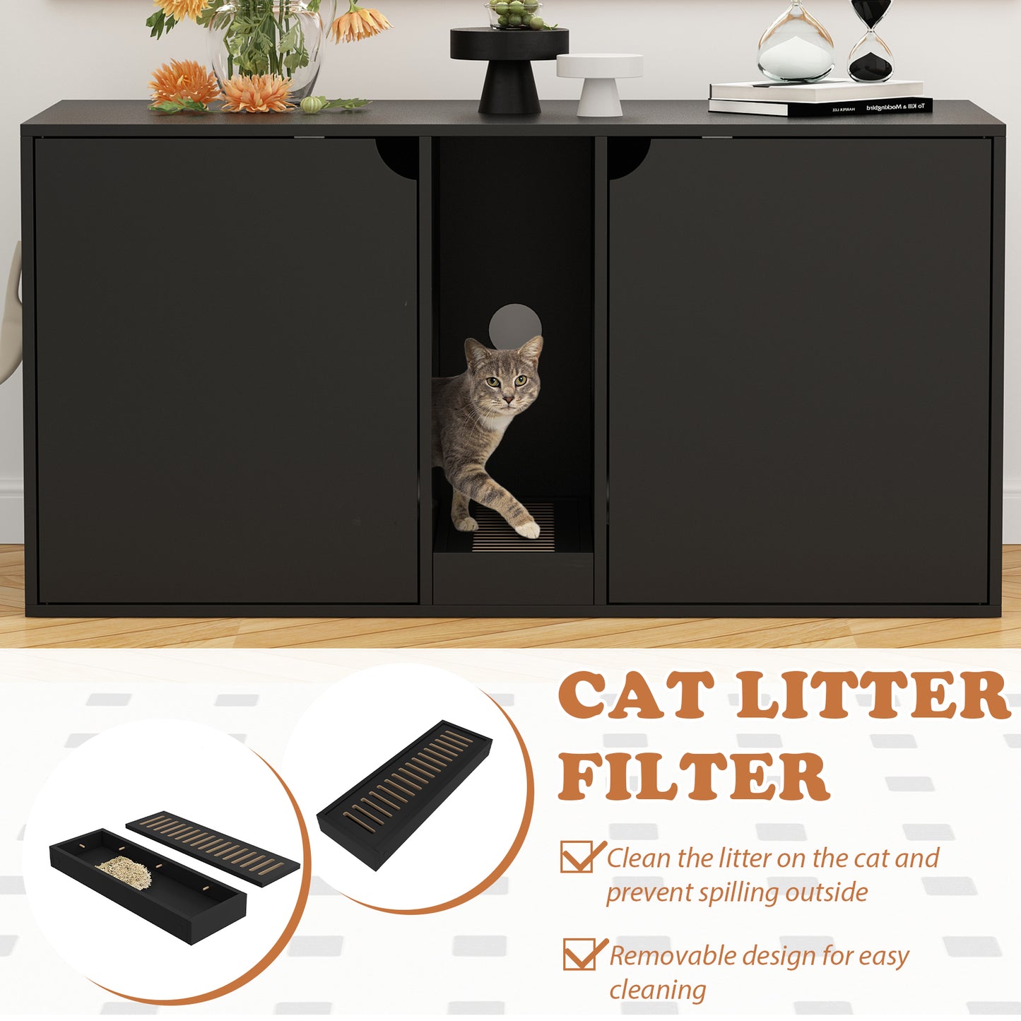 NARTRU 47.2" Large Double Cat Litter Box Enclosure Hidden Litter Box Furniture Cabinet Wooden Cat Washroom with Litter Filter for 2 Cats, Black