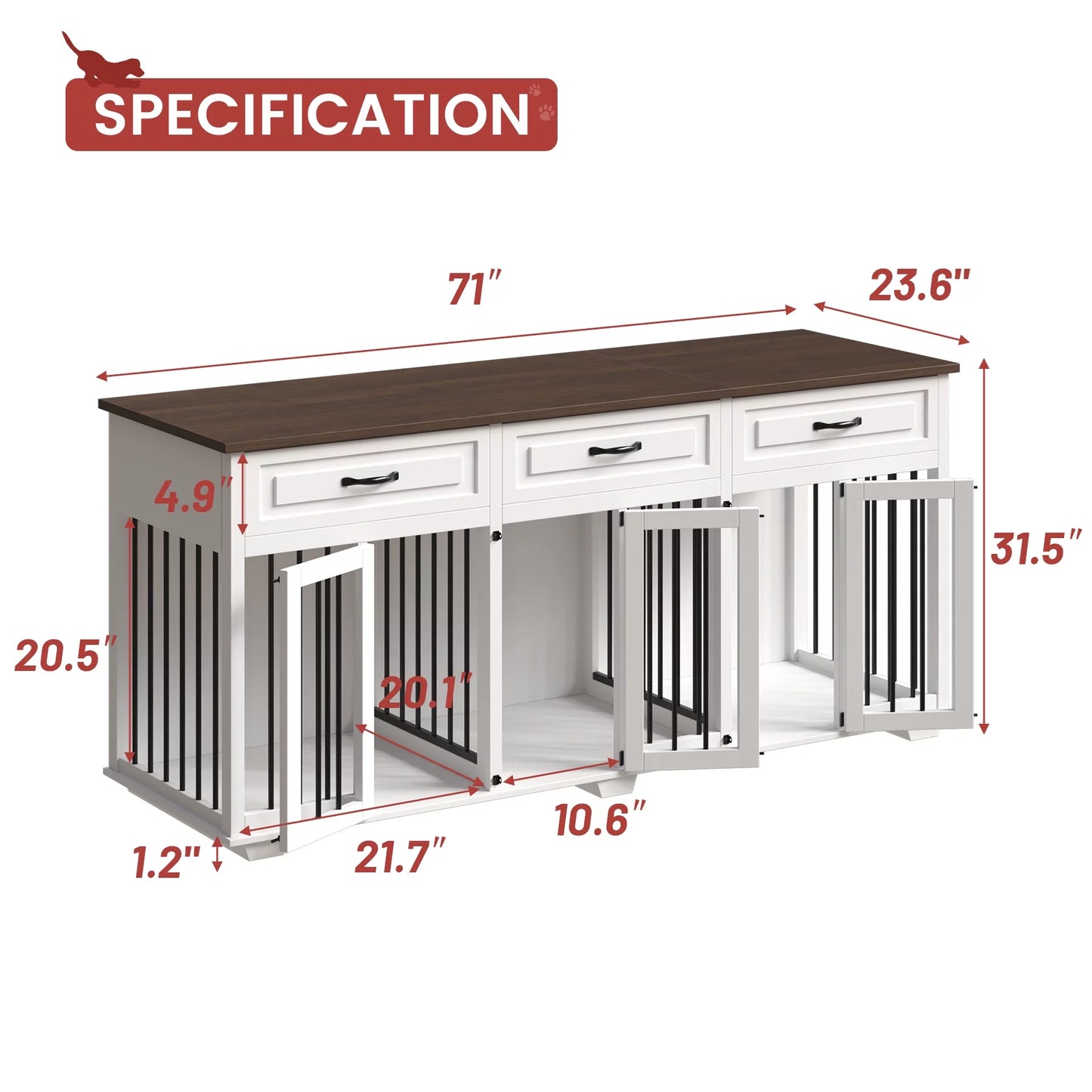 NARTRU Large Dog Crate Furniture with Drawers, Wood Dog Kennel with Lockable Door, 71" Wide