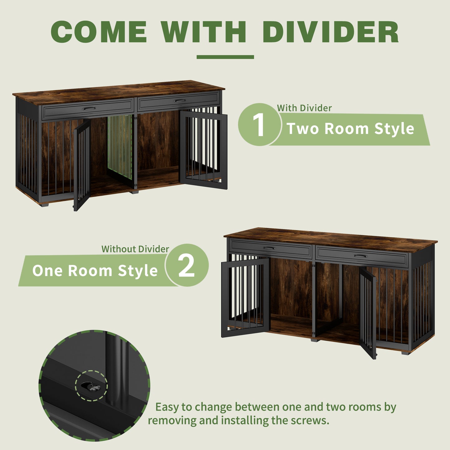 NARTRU 72.4" Large Double Dog Crate Kennel Furniture with Divider and 2 Drawers for 2 Medium or Large Dogs Indoor, Brown+Black