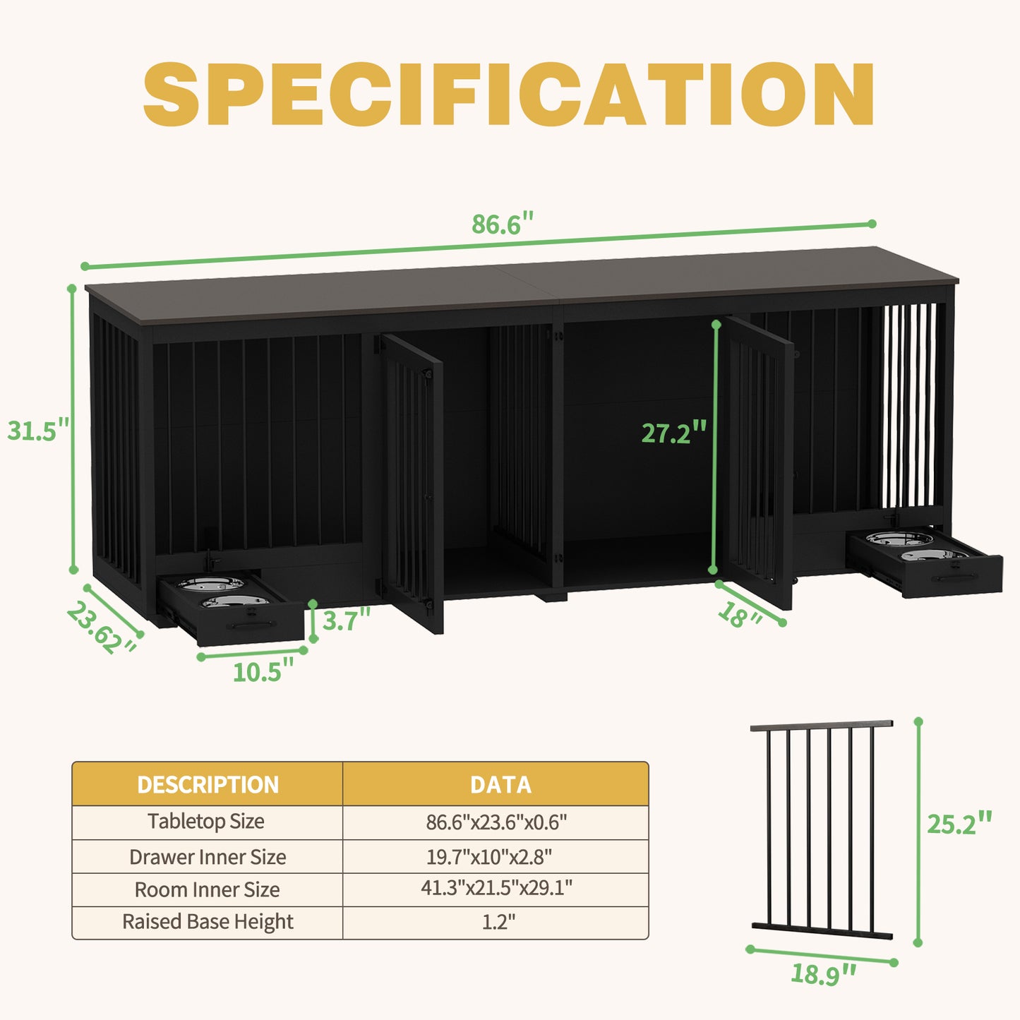 NARTRU Large Double Dog Crate Furniture, 86.6" Wooden Dog Crate Kennel Furniture with 4 Dog Bowls and Divider, Heavy Duty Dog Crates Cage Furniture for Large Dog or 2 Medium Dogs Indoor, Black