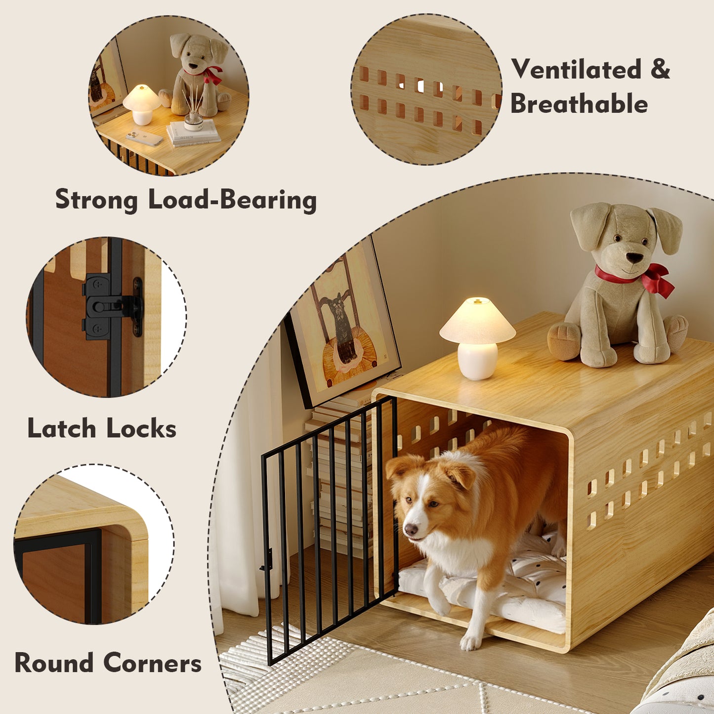 NARTRU 30" Natural Pinewood Dog Crate End Table, Heavy Duty Indoor Kennel for Small Dogs, Pet Furniture for Bedroom Living Room