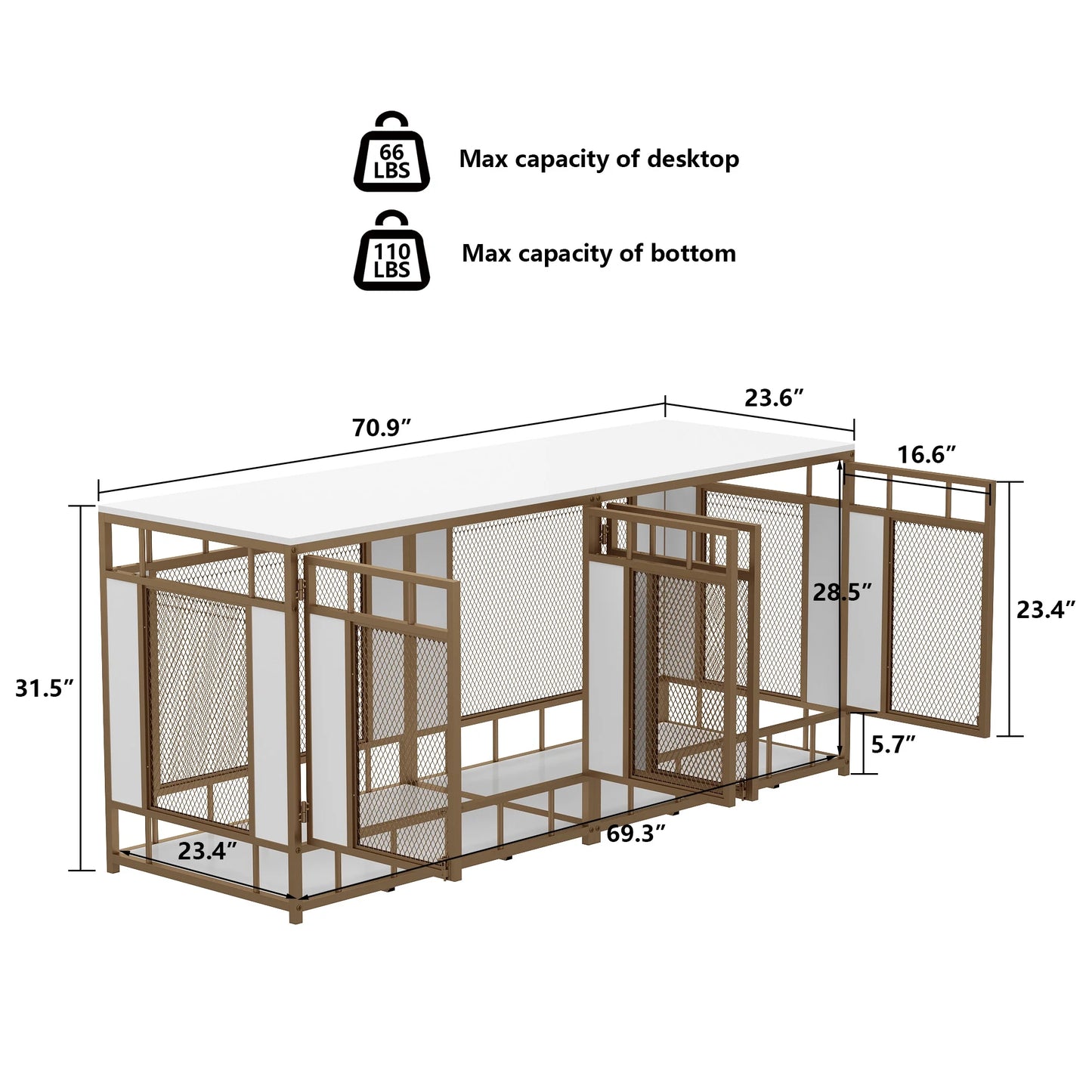 NARTRU 70.9" Wooden Dog Kennel, Heavy Duty Extra Dog Crate Furniture for Large Medium Dog, Gold & White