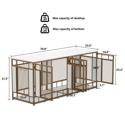 NARTRU 70.9" Wooden Dog Kennel, Heavy Duty Extra Dog Crate Furniture for Large Medium Dog, Gold & White