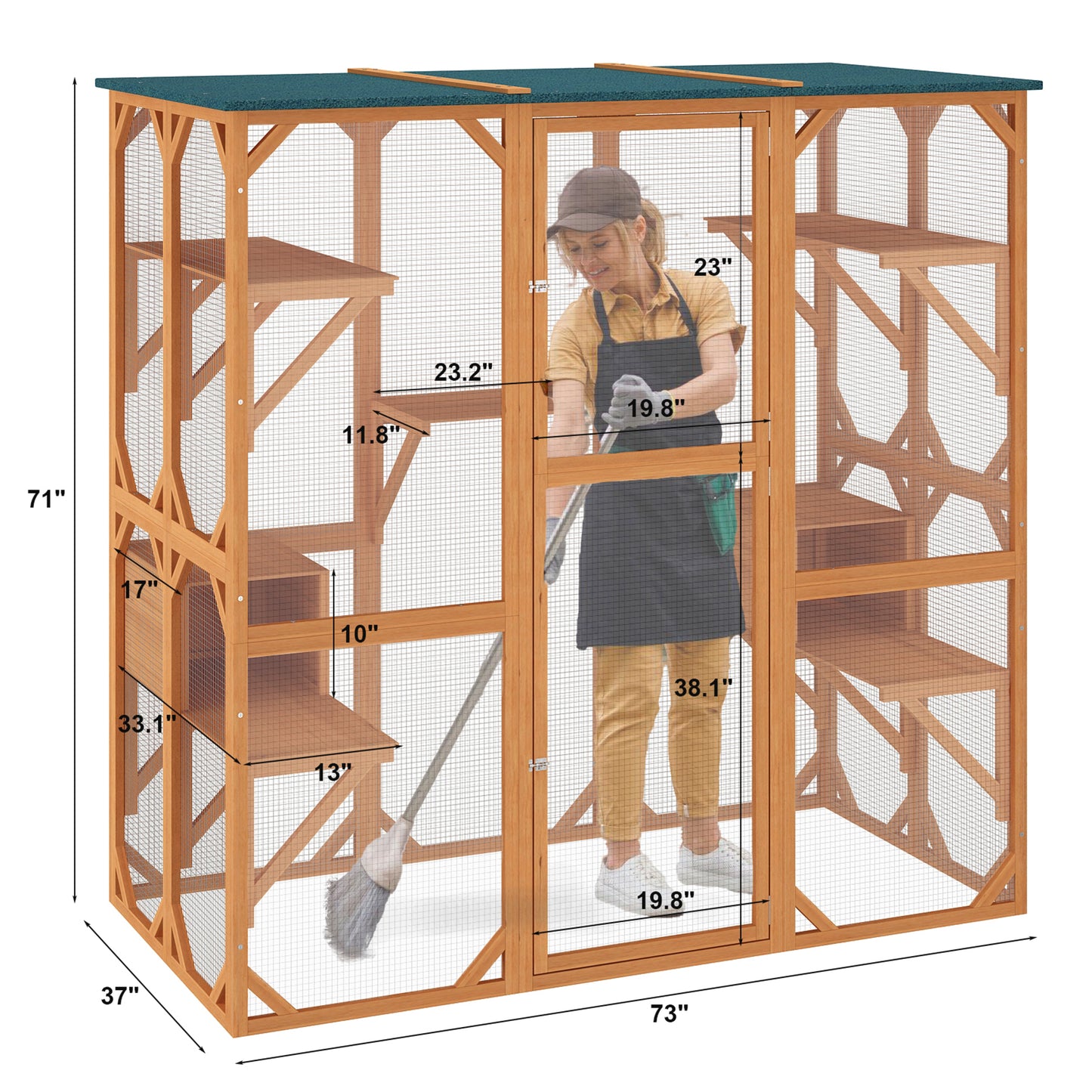 NARTRU Outdoor Cat House Catio, 71" Large Wooden Cats Catio Cat Cage Enclosure, Weatherproof Walk-in Cat Kennel Condo with 7 Platform and 2 Resting Box, Orange