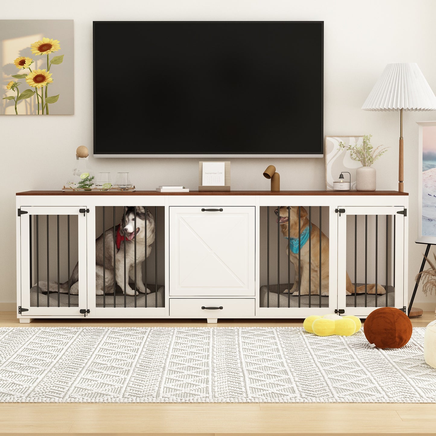 NARTRU Large Dog Crate Furniture with Feeder Bowls, 94.5" Wooden Dog Kennel Furniture with Divider and Storage Drawer, White