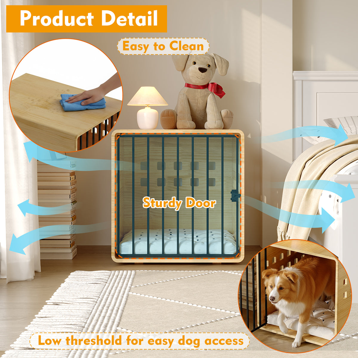 NARTRU 30" Natural Pinewood Dog Crate End Table, Heavy Duty Indoor Kennel for Small Dogs, Pet Furniture for Bedroom Living Room