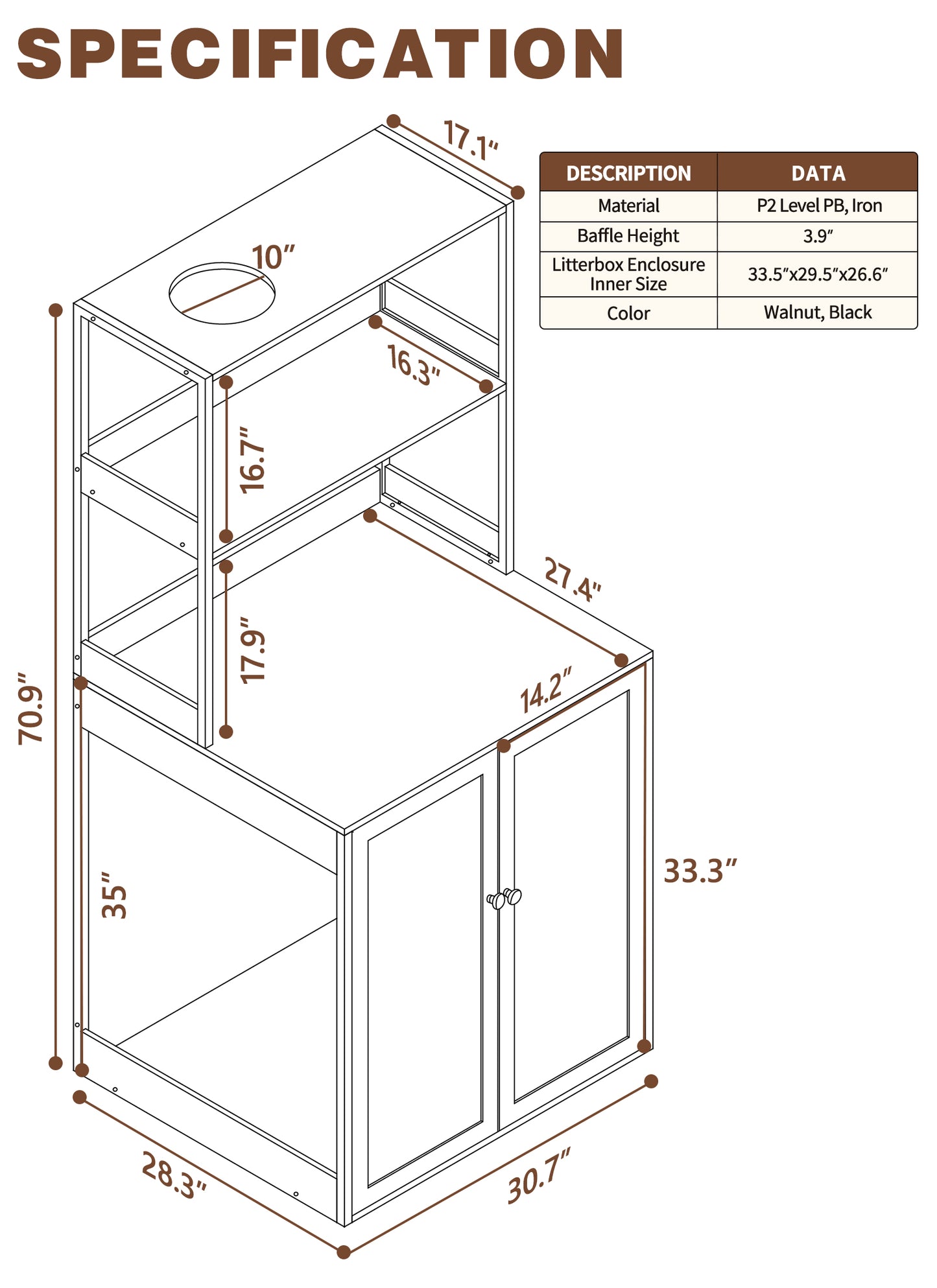 NARTRU Large Litter Box Enclosure for Self Cleaning Litter Box, Hidden Automatic Cat Litter Box Furniture with Shelves, Walnut