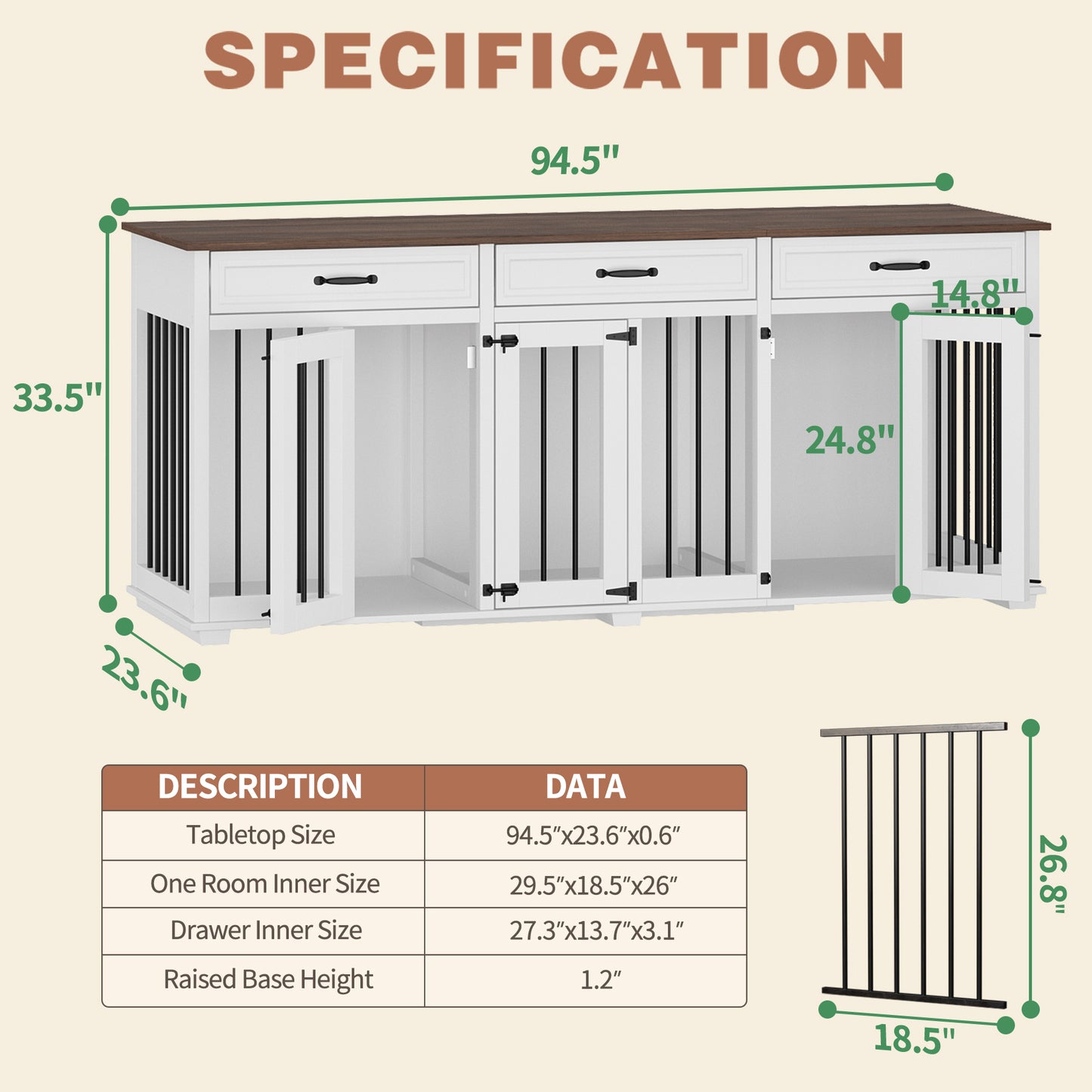 NARTRU 94.5" Large Dog Crate Furniture with 3 Rooms, Wooden Dog Crate Kennel Furniture with 3 Drawers and Divider, Heavy Duty Dog Crates Cage Furniture for Large Dogs or 3 Medium Dogs Indoor, White