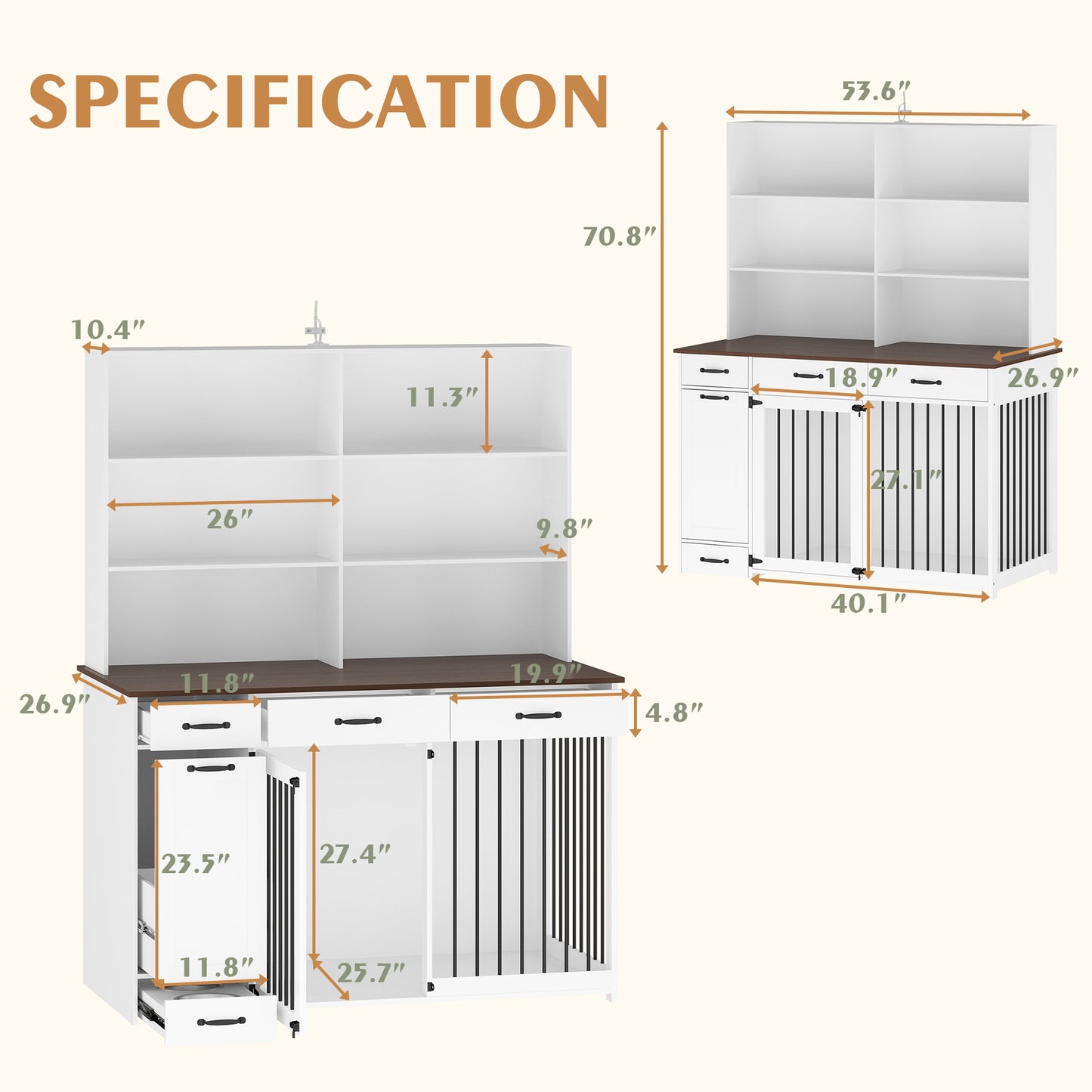 NARTRU Large Dog Crate Furniture with Storage, Wooden Dog Crate Cabinet with Dog Bowls, Dog Food Storage, Drawers and Shelves for Small, Medium or Large dog, White