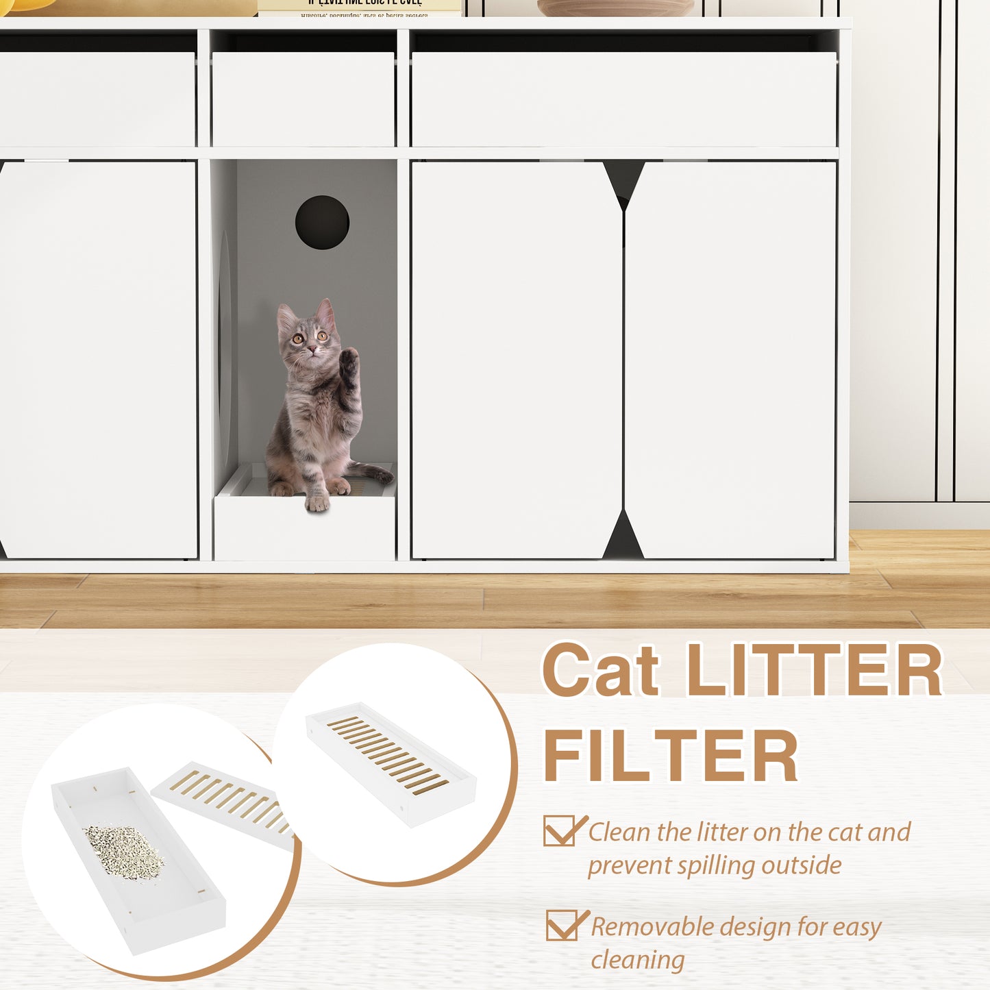 NARTRU Cat Litter Box Furniture with Drawers, Wood Cat Washroom Cat House, White