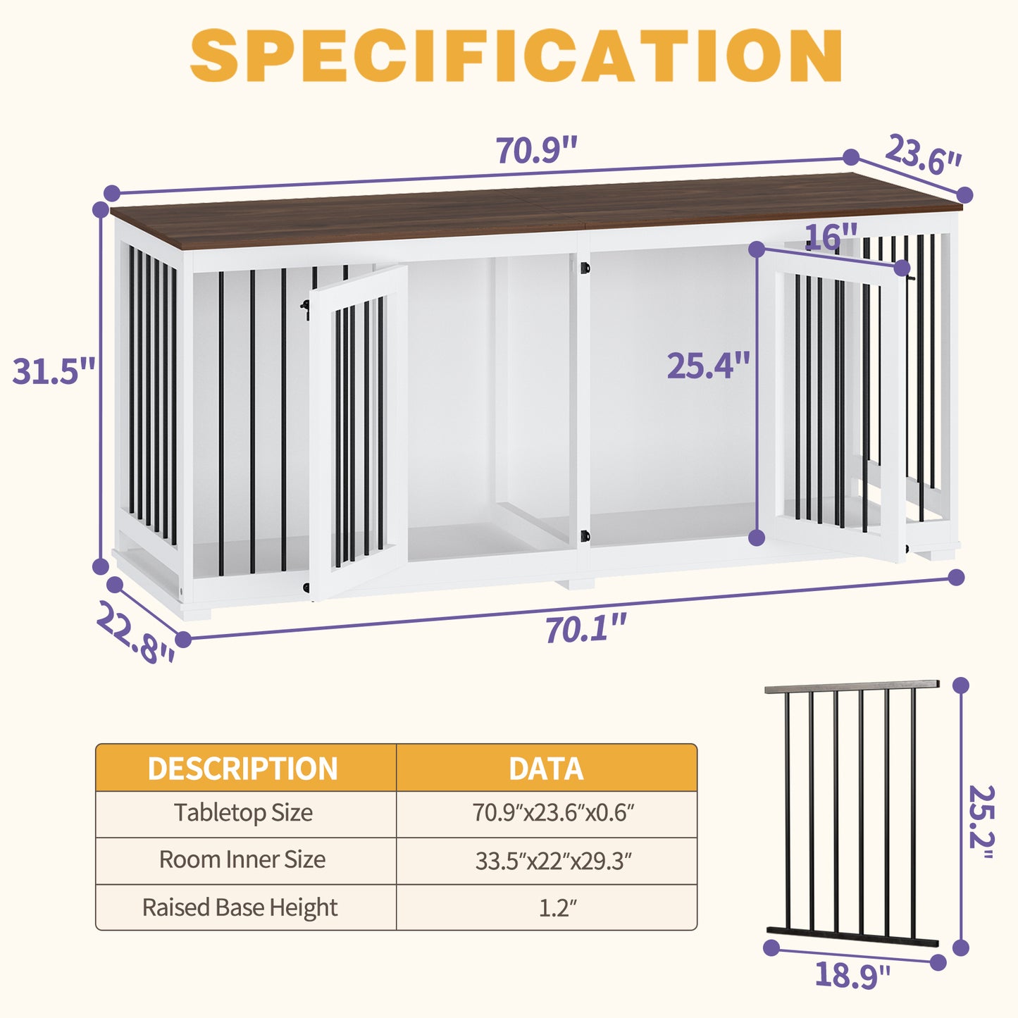 NARTRU Large Double Dog Crate Furniture, 70.9" Dog Kennel Furniture with Divider for Small Medium Large Dogs Indoor, White