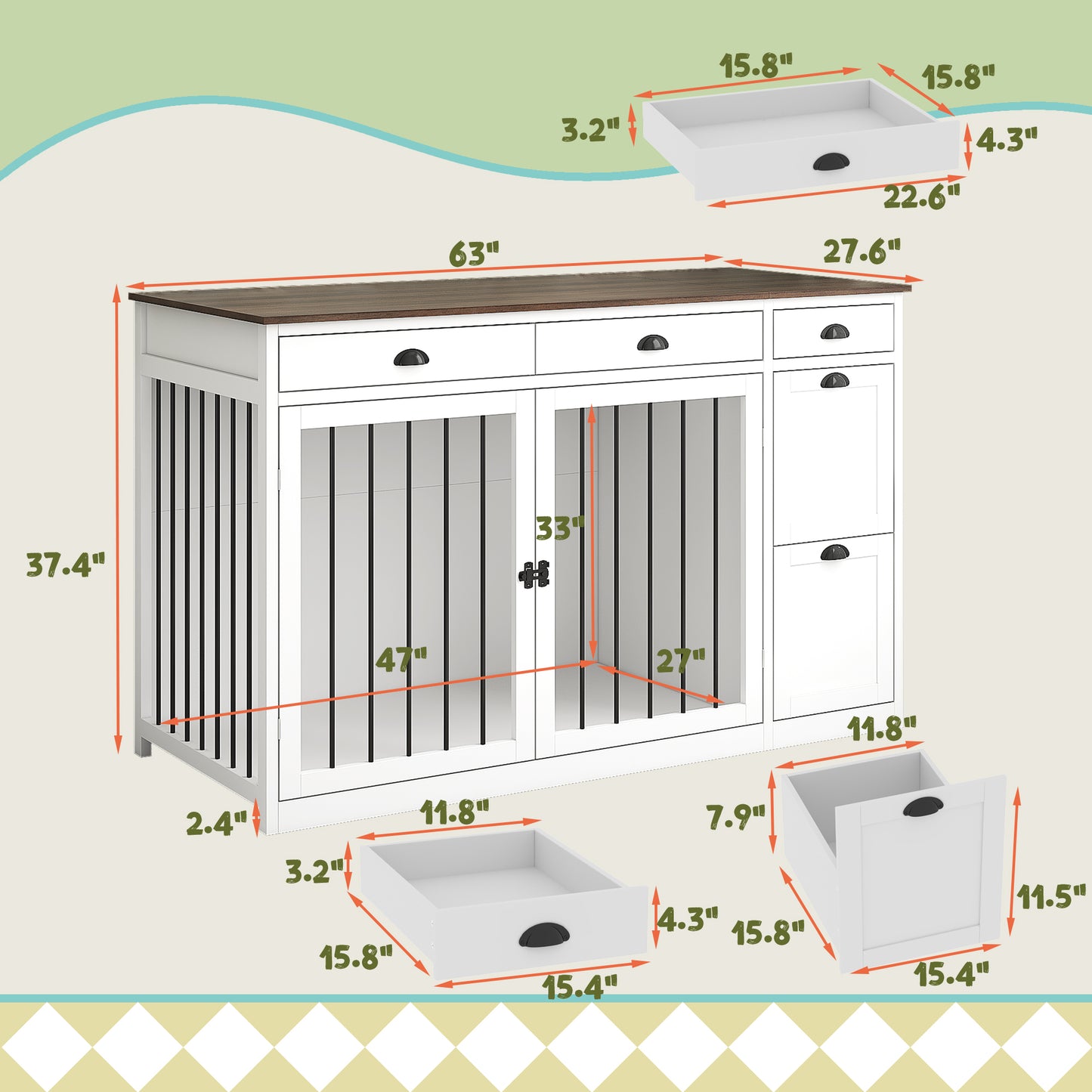 NARTRU 63" Large Wooden Dog Crate Kennel Furniture with 5 Drawers for Small, Medium and Large Dog