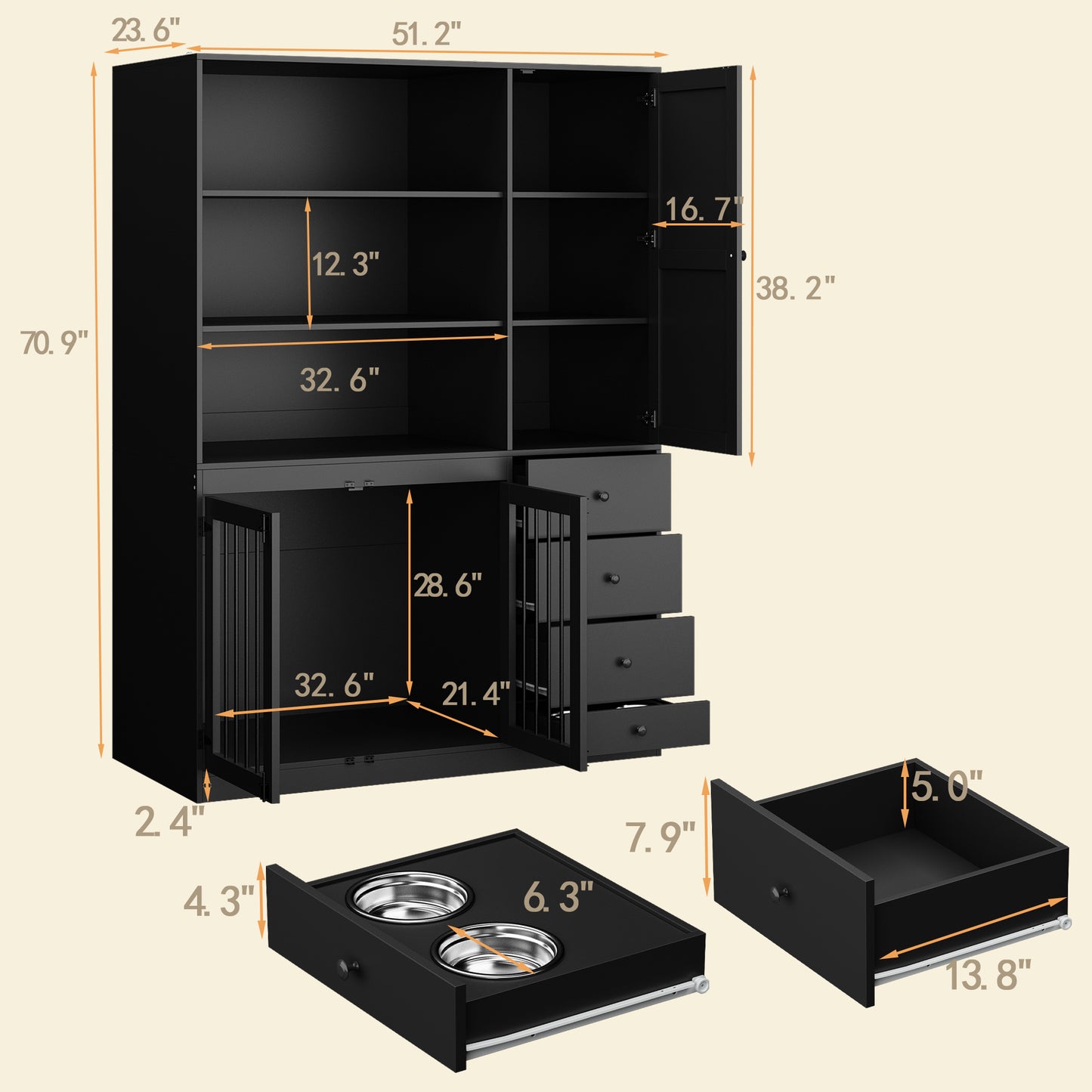 NARTRU Dog Crate Furniture Cabinet with Dog Bowls, Drawers and Shelves for Small, Medium or Large dog, Black