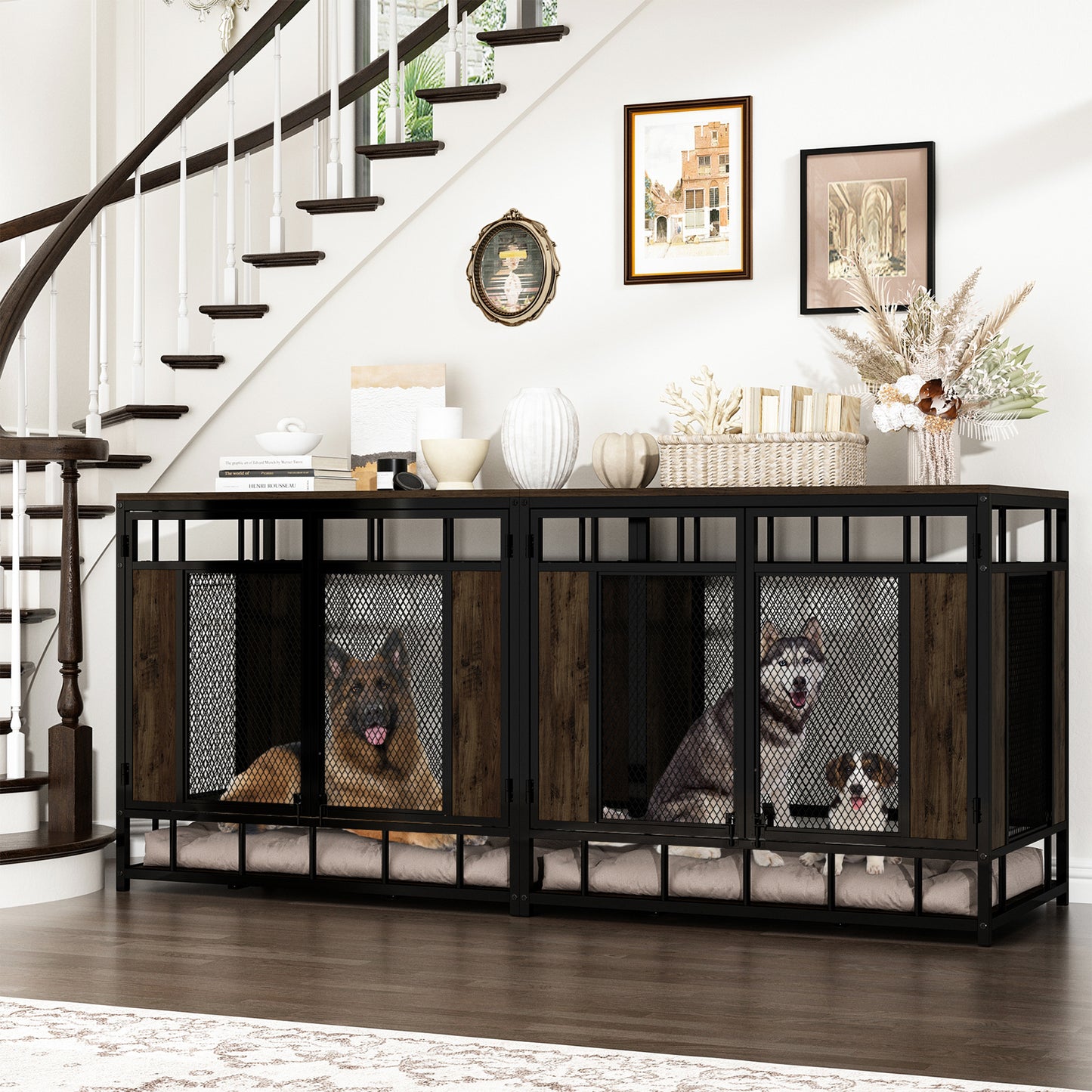 NARTRU 70.9" Wooden Dog Kennel, Heavy Duty Extra Dog Crate Furniture for Large Medium Dog, Walnut + Black