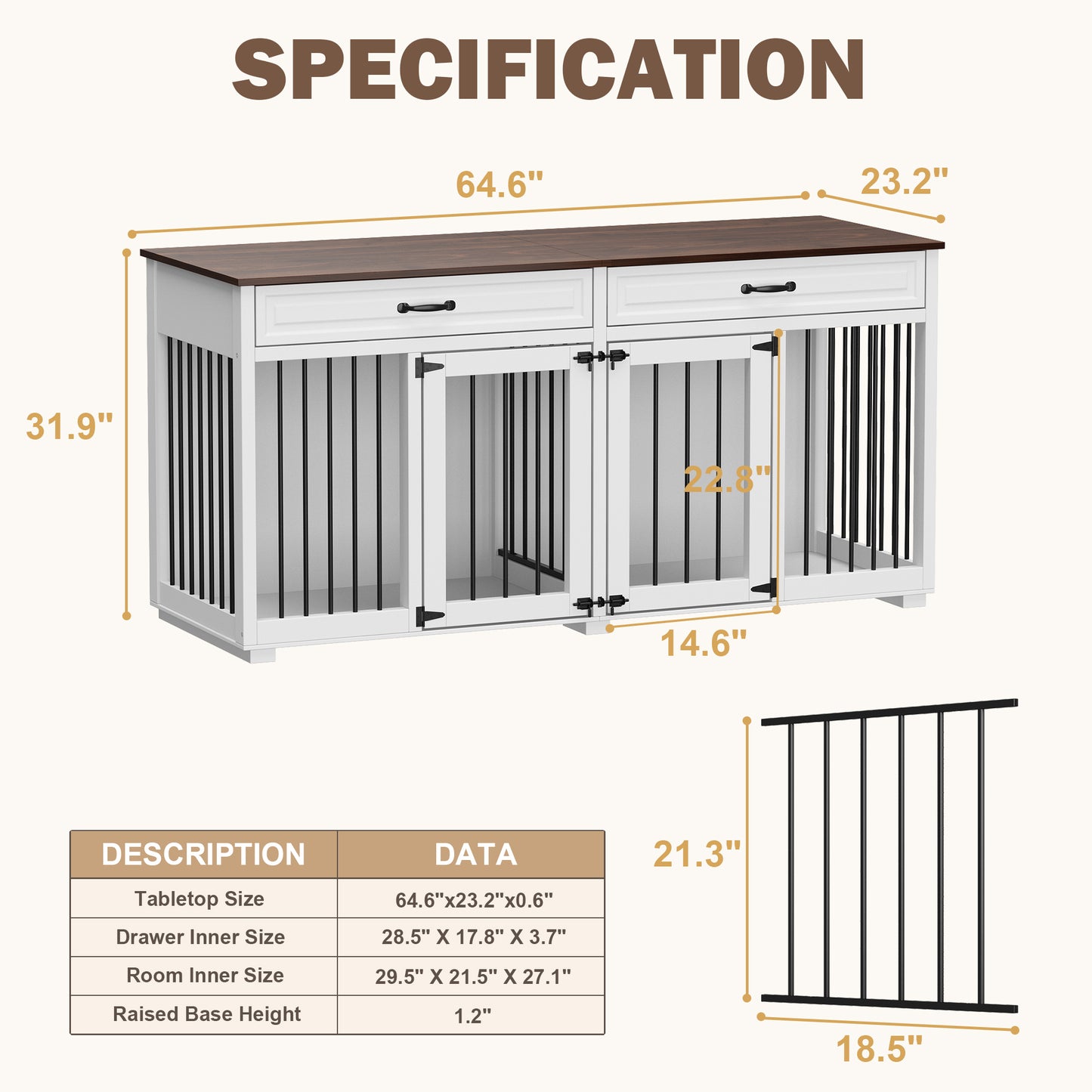 NARTRU 64.6" Large Double Dog Crate Kennel Furniture with Divider and 2 Drawers for 2 Small or Medium Dogs Indoor, White