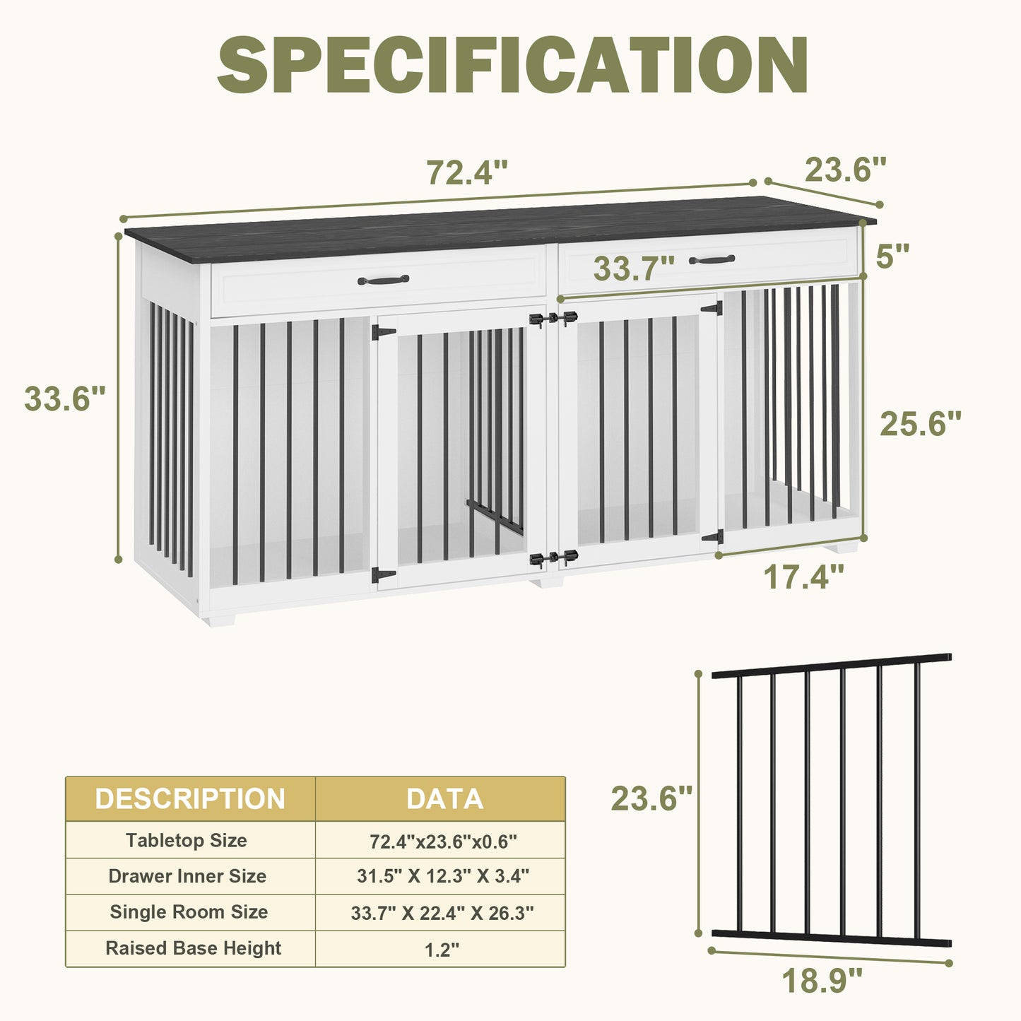 NARTRU Large Double Dog Crate Furniture, 72.4" Wooden Dog Crate Furniture with Divider and 2 Drawers, XXL Heavty Duty Dog Crates Furniture for 2 Medium or Large Dogs Indoor, White+Black Tabletop