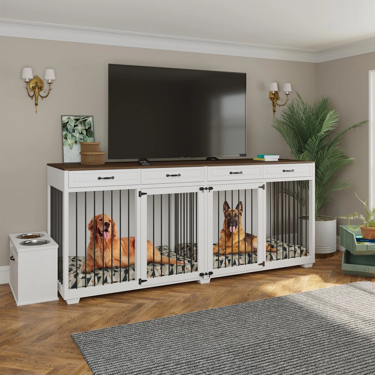 NARTRU 92.9" Large Dog Crate Furniture, Wooden Dog Kennel with 4 Drawers