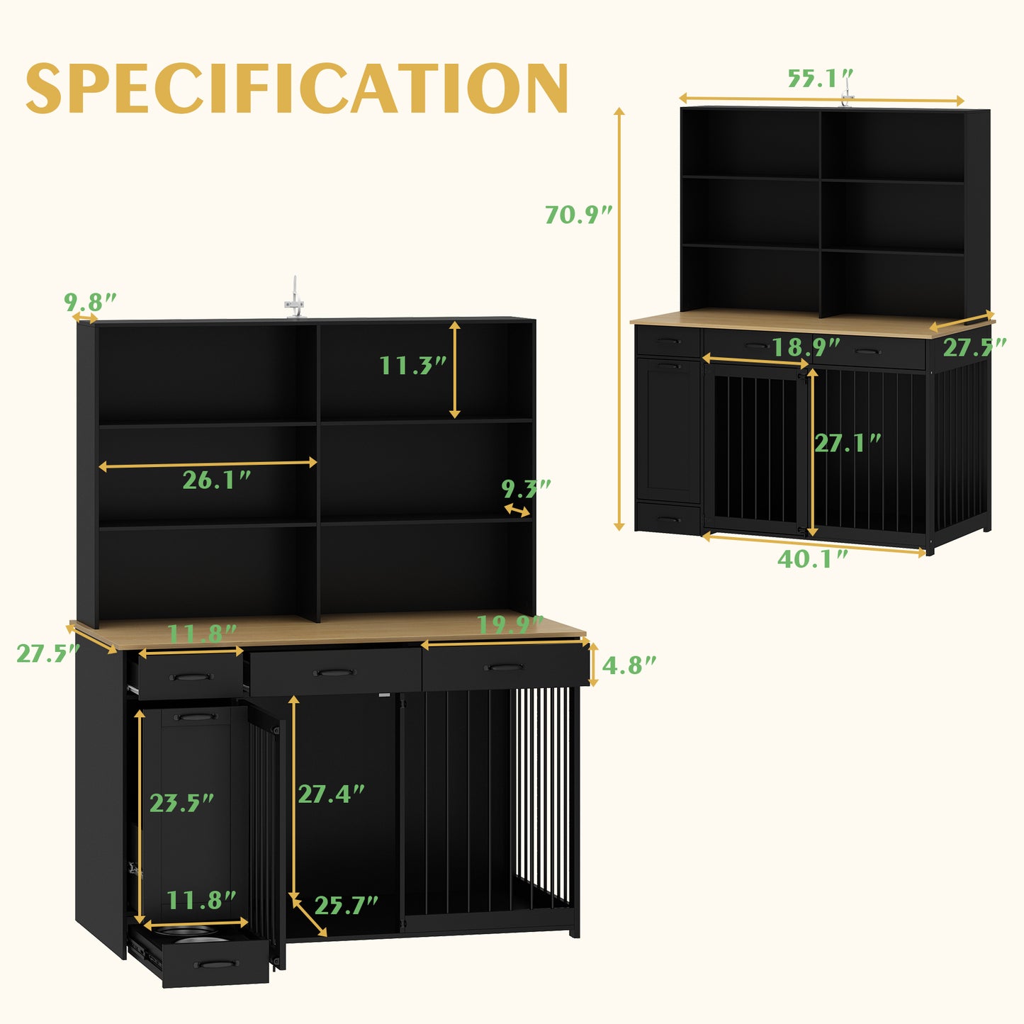 NARTRU Large Dog Crate Furniture with Storage, Wooden Dog Crate Cabinet with Dog Bowls, Dog Food Storage, Drawers and Shelves for Small, Medium or Large dog, Black