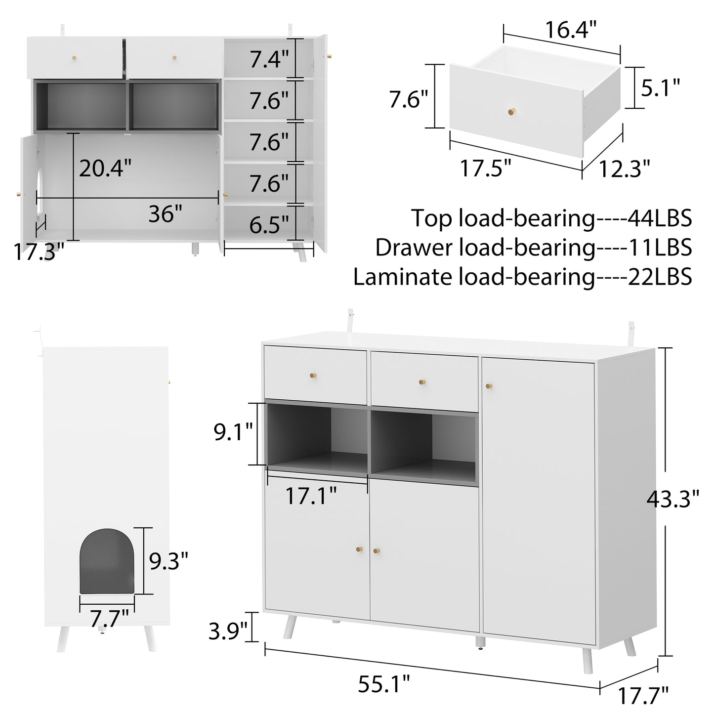 NARTRU 2 in 1 Cat Litter Box Enclosure Furniture Storage Cabinet with 2 Drawers and Adjustable Shelves for Living Room Bedroom, White