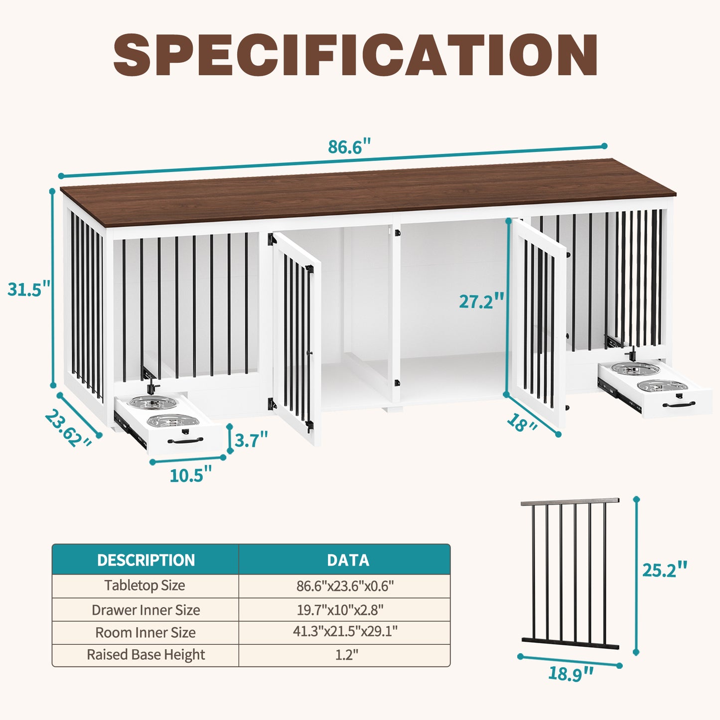 NARTRU Large Double Dog Crate Furniture, 86.6" Wooden Dog Crate Kennel Furniture with 4 Dog Bowls and Divider, Heavy Duty Dog Crates Cage Furniture for Large Dog or 2 Medium Dogs Indoor, White