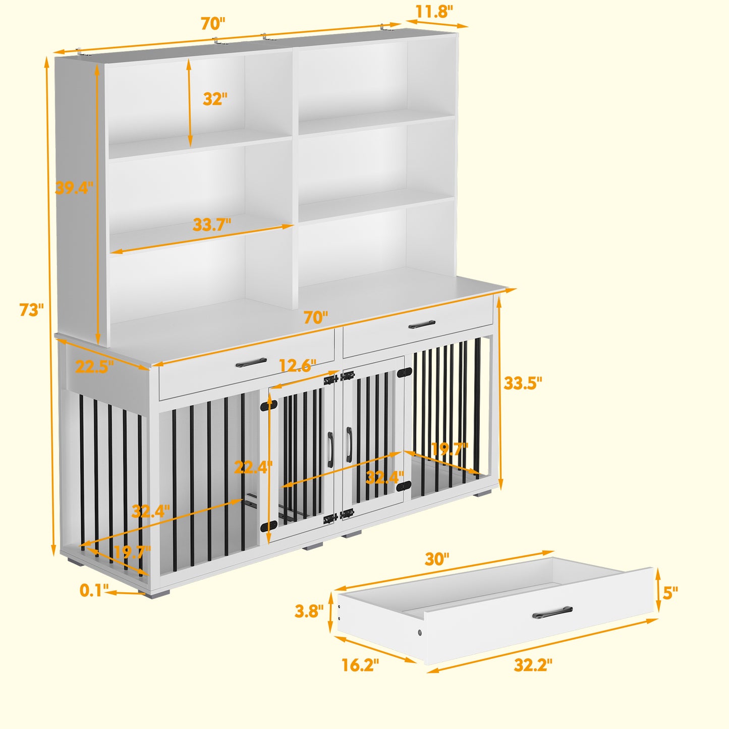 NARTRU Large Dog Crate Furniture Cabinet with Divider, 2 Drawers and 6 Shelves for 2 Small or Medium Dog, White