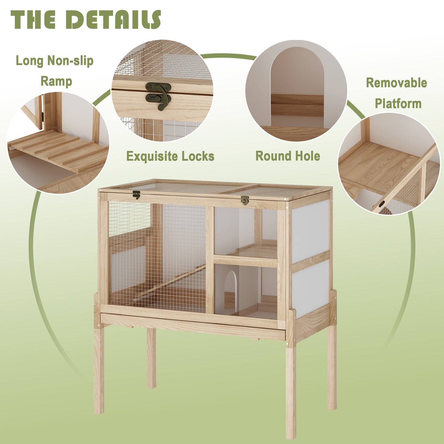 NARTRU 2-Story Natural Wooden Guinea Pig Cage for 2, Indoor Small Animal Habitat with Pull Out Tray, Ramp and Platform - Rabbit & Hamster House