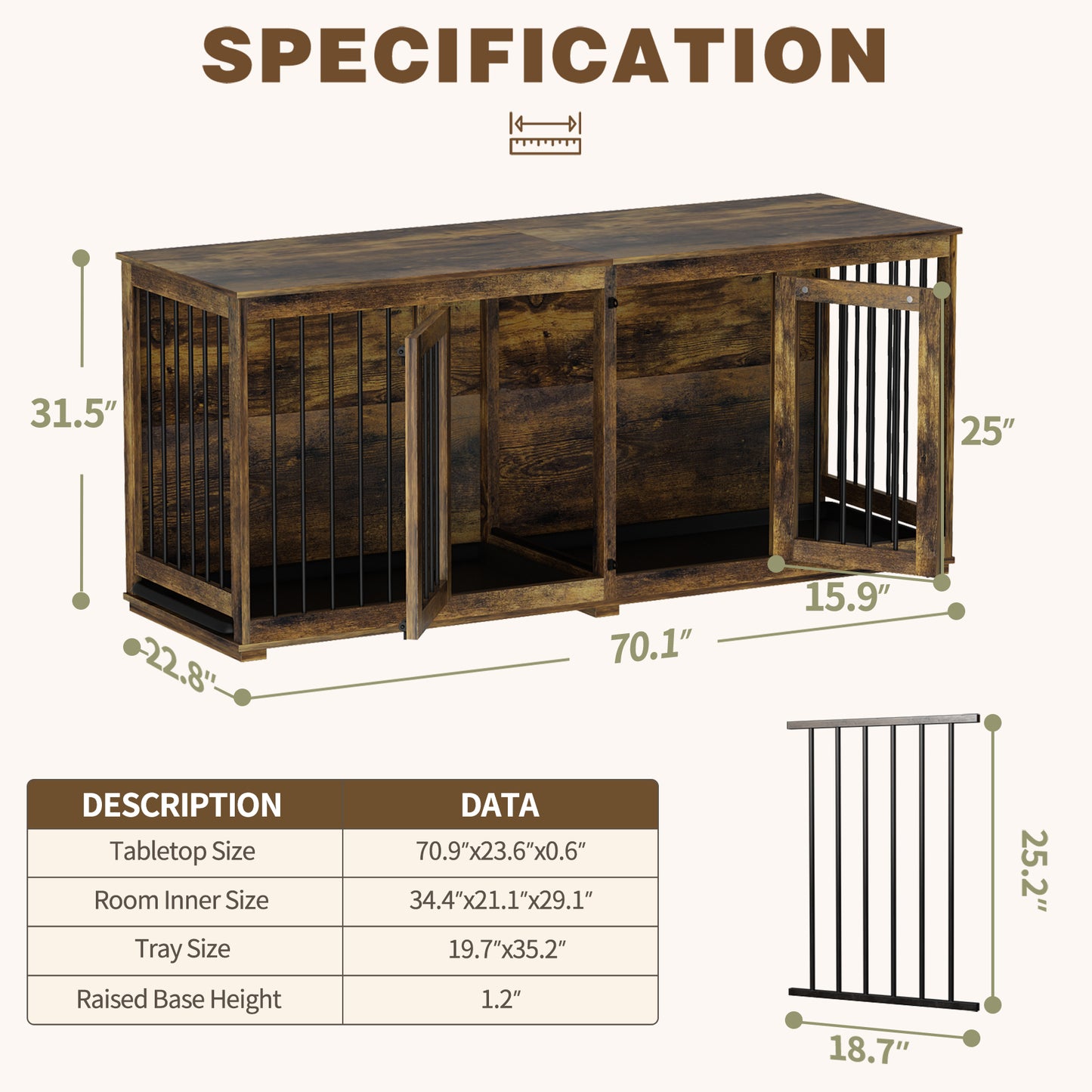 NARTRU 70.9" Large Double Dog Crate Kennel Furniture with Trays and Divider for Dogs Indoor, Rustic Brown