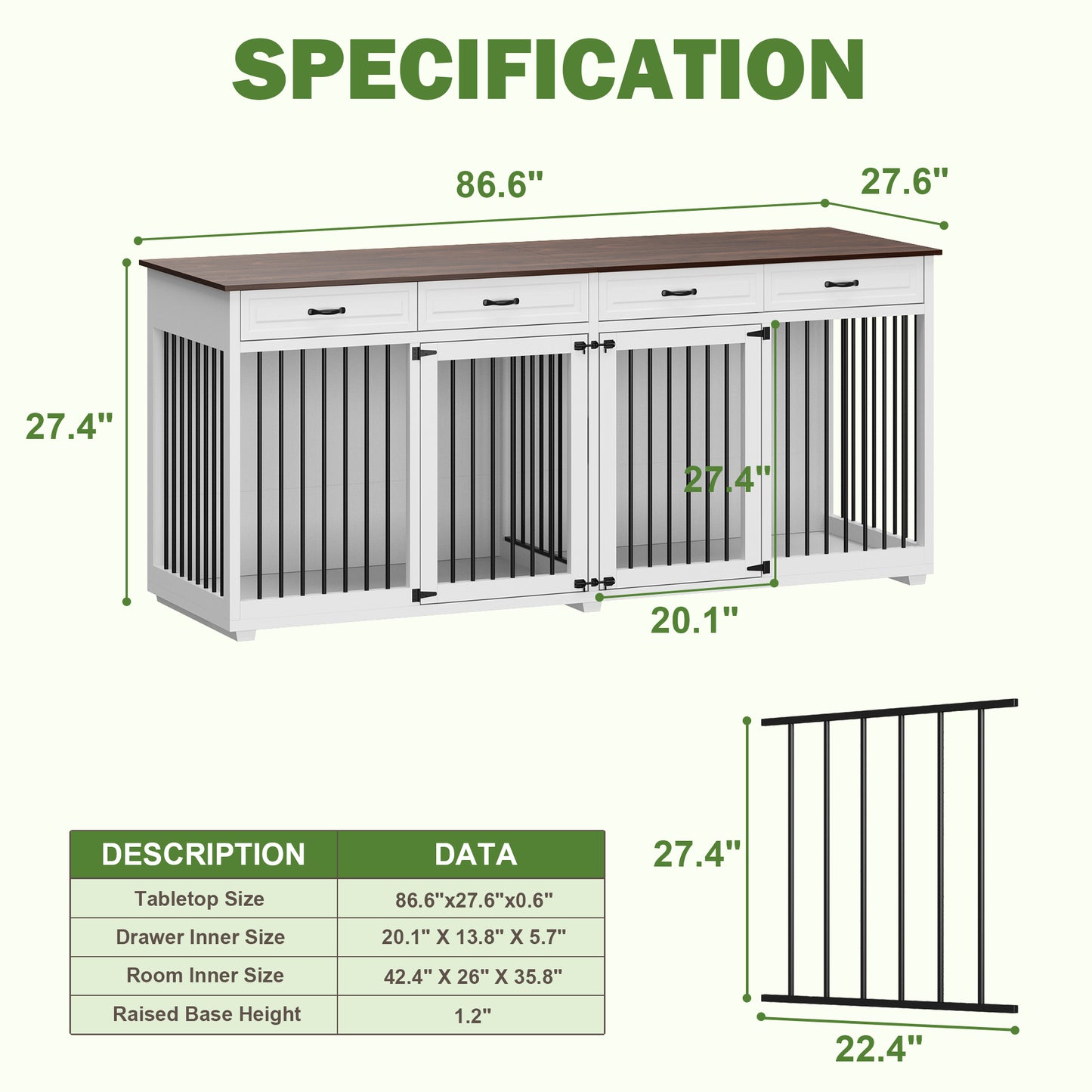 NARTRU 86.6" Large Double Dog Crate Furniture, XXL Wooden Dog Crate Kennel Furniture with Divider and 4 Drawers, Dog Crates Furniture for 2 Large Dogs Indoor, White+Walnut Tabletop