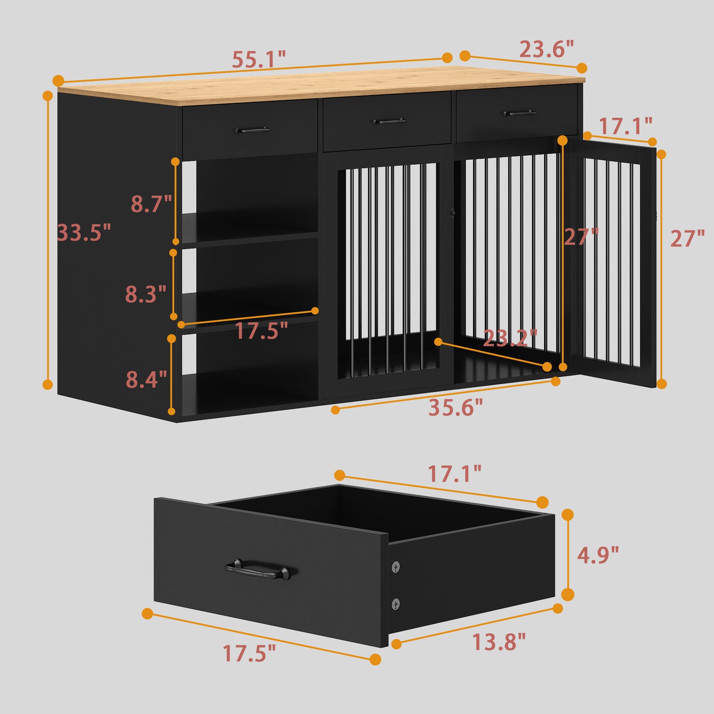 NARTRU Large Dog Crate Furniture, 55.1" Wooden Dog Kennel Furniture with 3 Drawers and Shelves for Small Medium Large Dog, Black