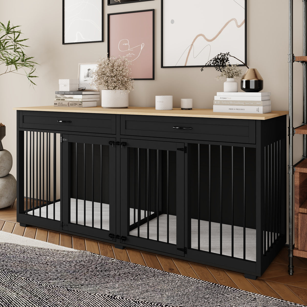 NARTRU 72.4" Large Double Dog Crate Kennel Furniture with Divider and 2 Drawers for 2 Medium or Large Dogs Indoor, Black+Natural Tabletop