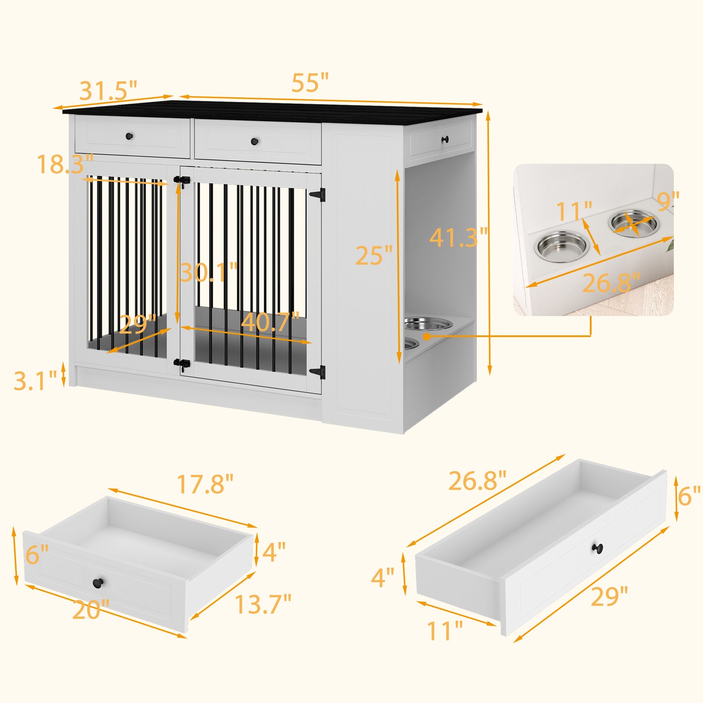 NARTRU 55" Large Wooden Dog Crate Kennel Furniture with 2 Dog Bowls and Drawers for Small, Medium and Large Dog, White