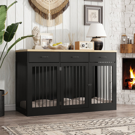 NARTRU 55.3" Dog Crate Kennel Cage Furniture with 3 Drawers for Small, Medium and Large Dog, Black