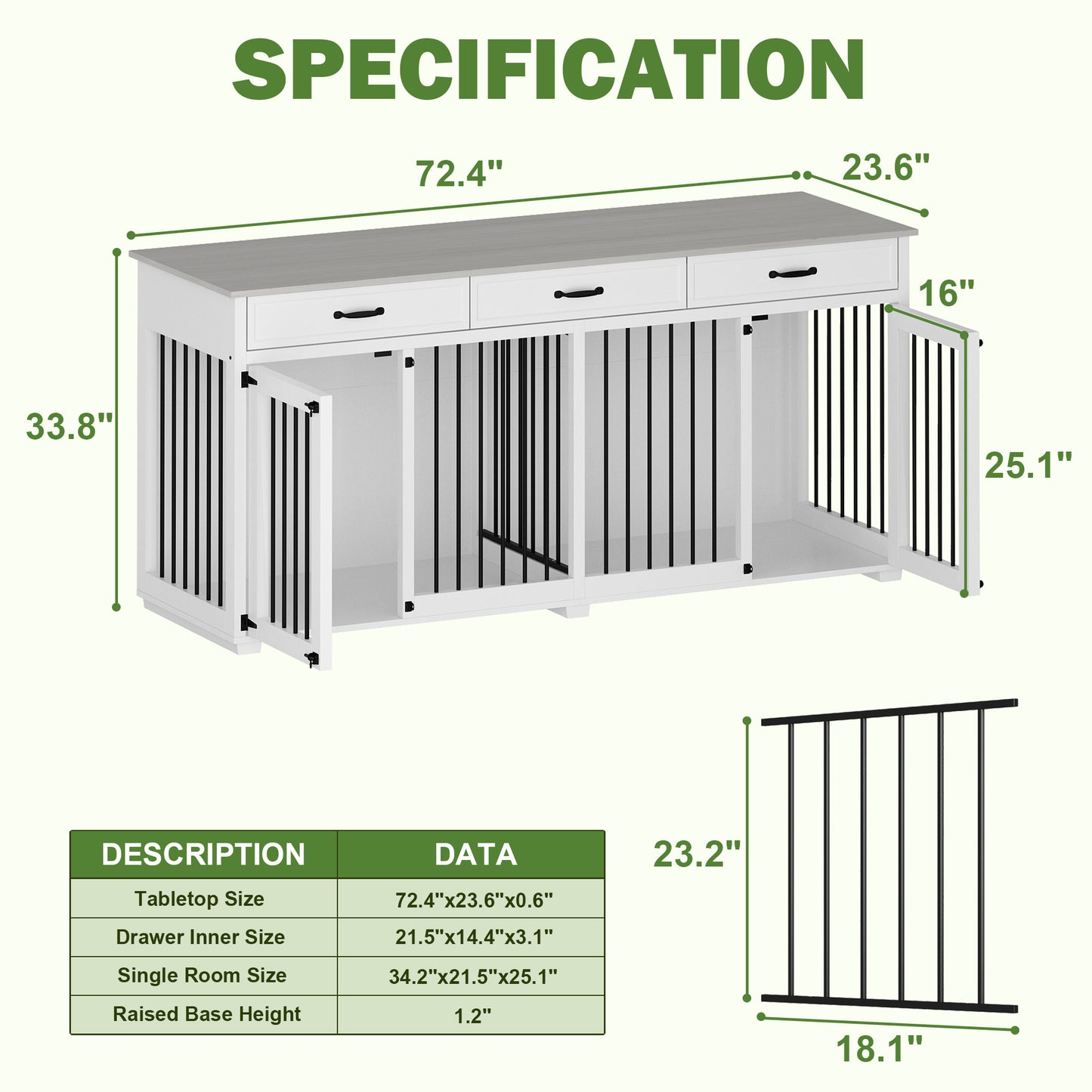 NARTRU 72.5" Large Double Dog Crate Kennel Furniture with 3 Drawers and Divider for Large Dog or 2 Medium Dogs Indoor